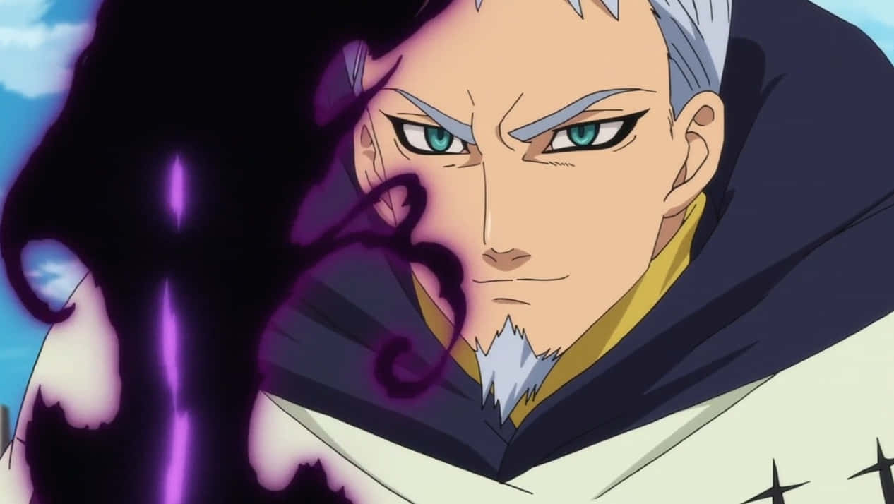 Seven Deadly Sins Hendrickson 桌布 壁紙 — 一個擁有銀色頭髮和發光綠色眼睛的兇猛動漫戰士，在戲劇性的特寫中引導深紫色能量。