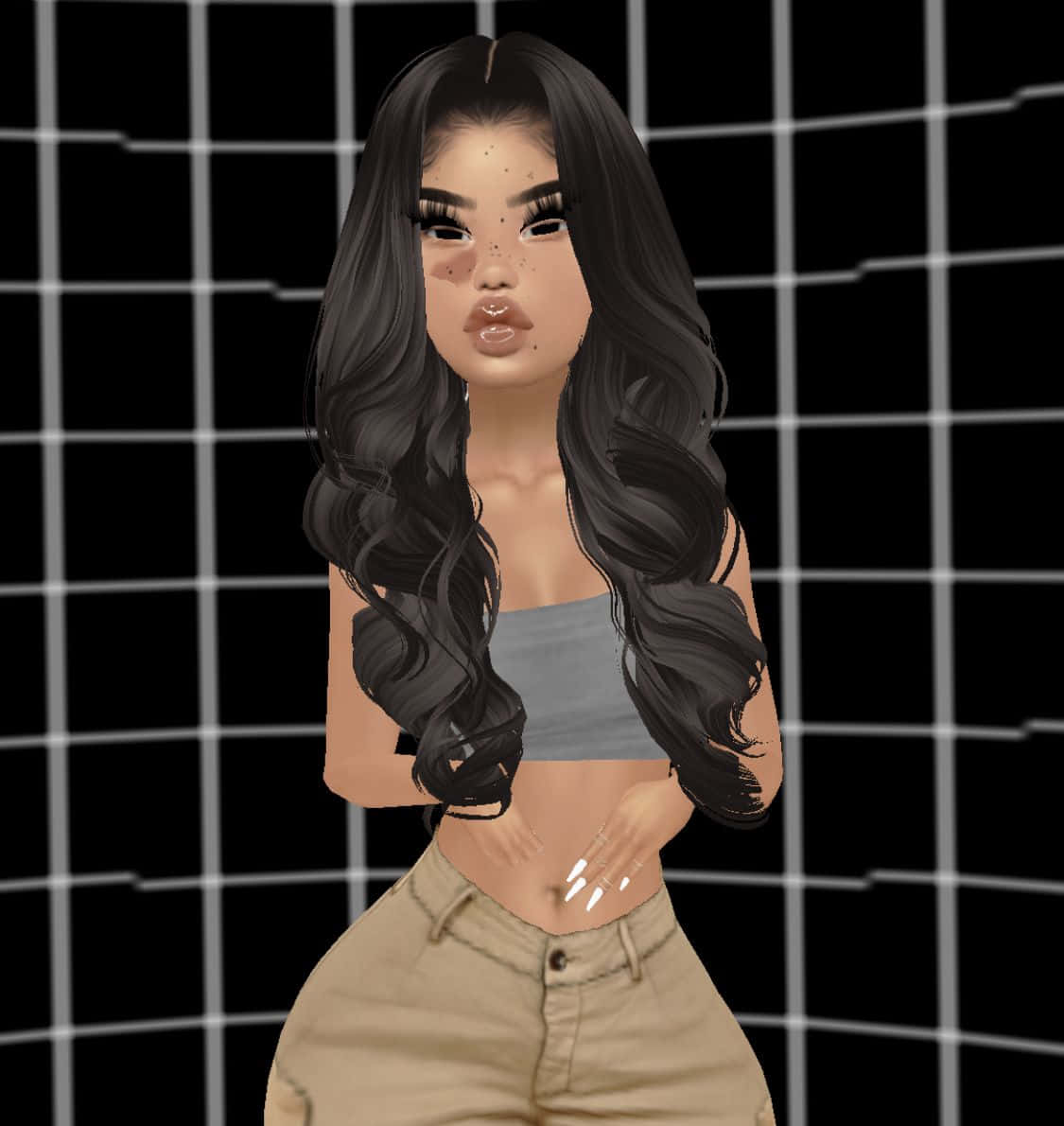 imvu 桌布 壁紙 — 一個擁有長波浪黑髮和雀斑的數碼虛擬人物，站在黑色網格背景前，身穿灰色短上衣和米色褲子。