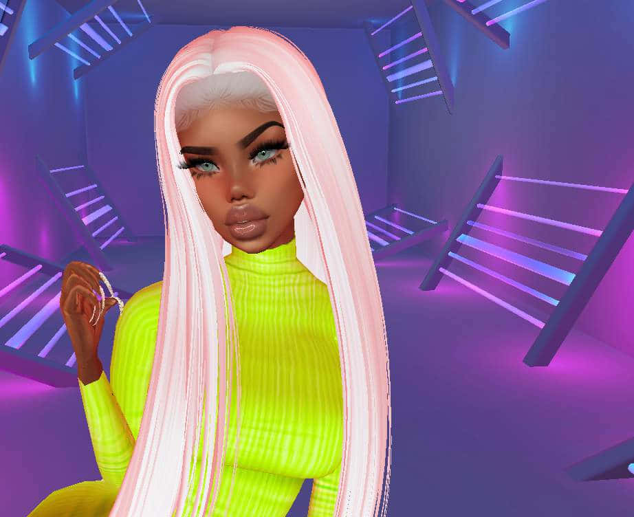 imvu 桌布 壁紙 — 一個擁有長粉紅色頭髮和螢光綠色上衣的數碼虛擬角色，站在一個有浮動樓梯的超現實紫色房間裡。