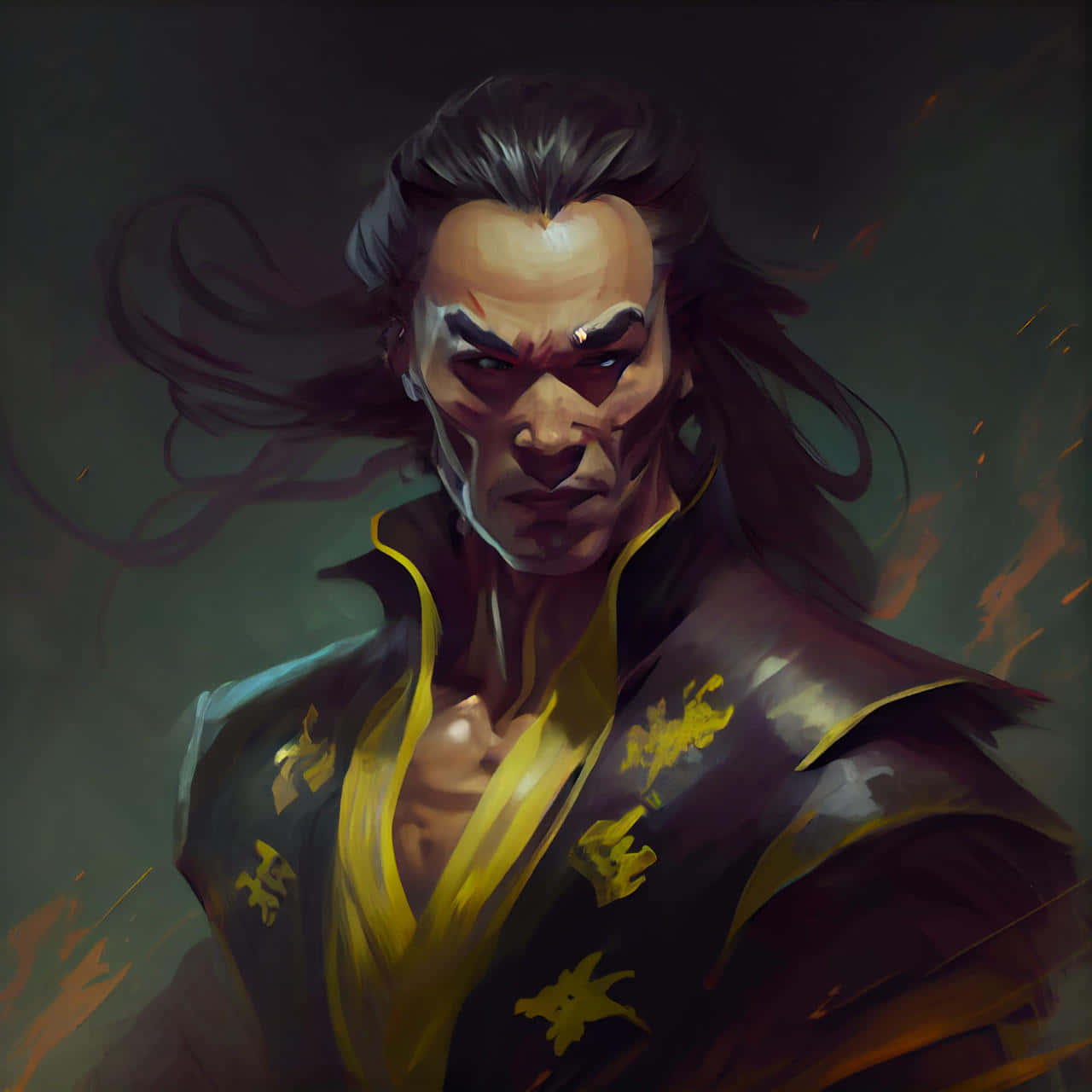 Mortal Kombat Shang Tsung 桌布 壁紙 — 一個擁有長長黑髮和發光眼睛的兇猛戰士，在黑暗熾熱的氣氛中凝視著。