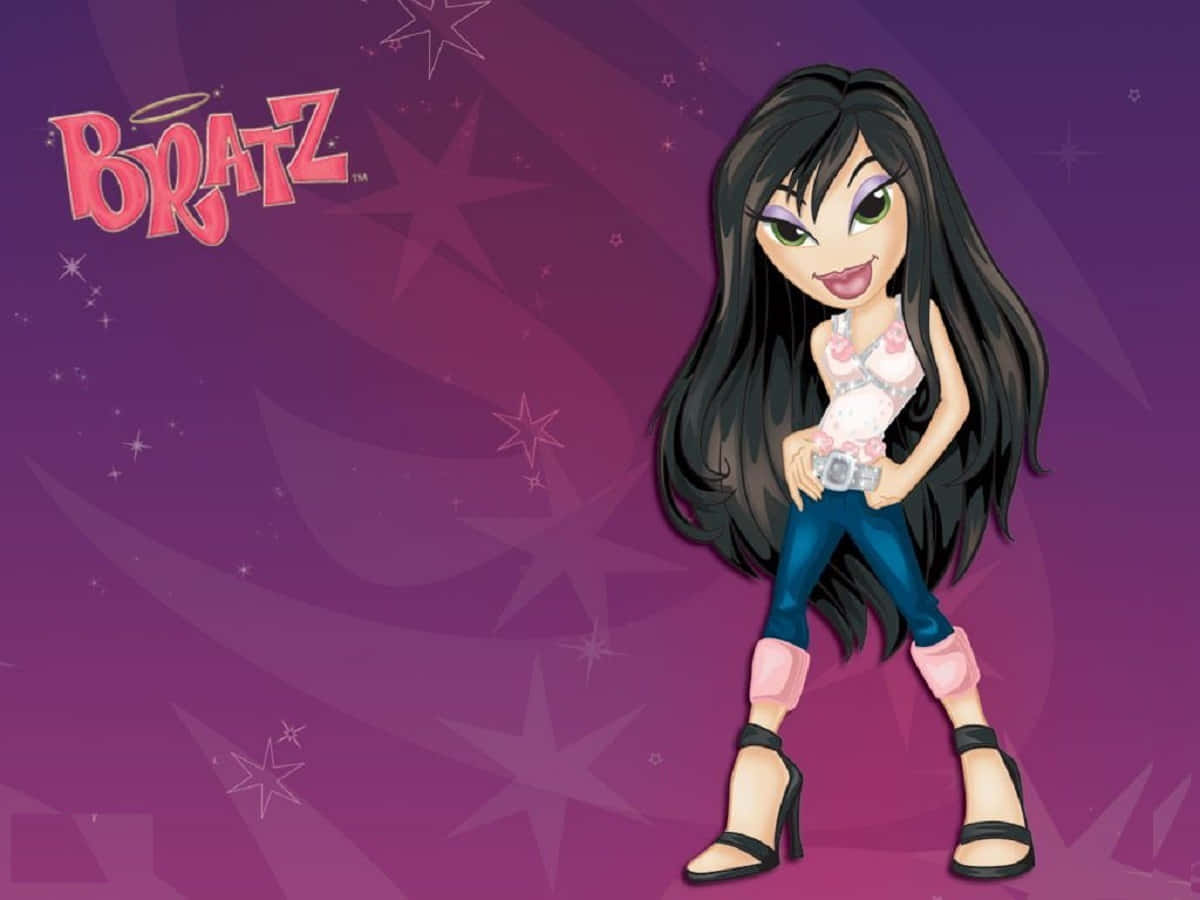 貝茲娃娃 桌布 壁紙 — 一個擁有長長黑髮和綠色眼睛的 Bratz 娃娃在紫色星空背景前自信地擺姿勢。