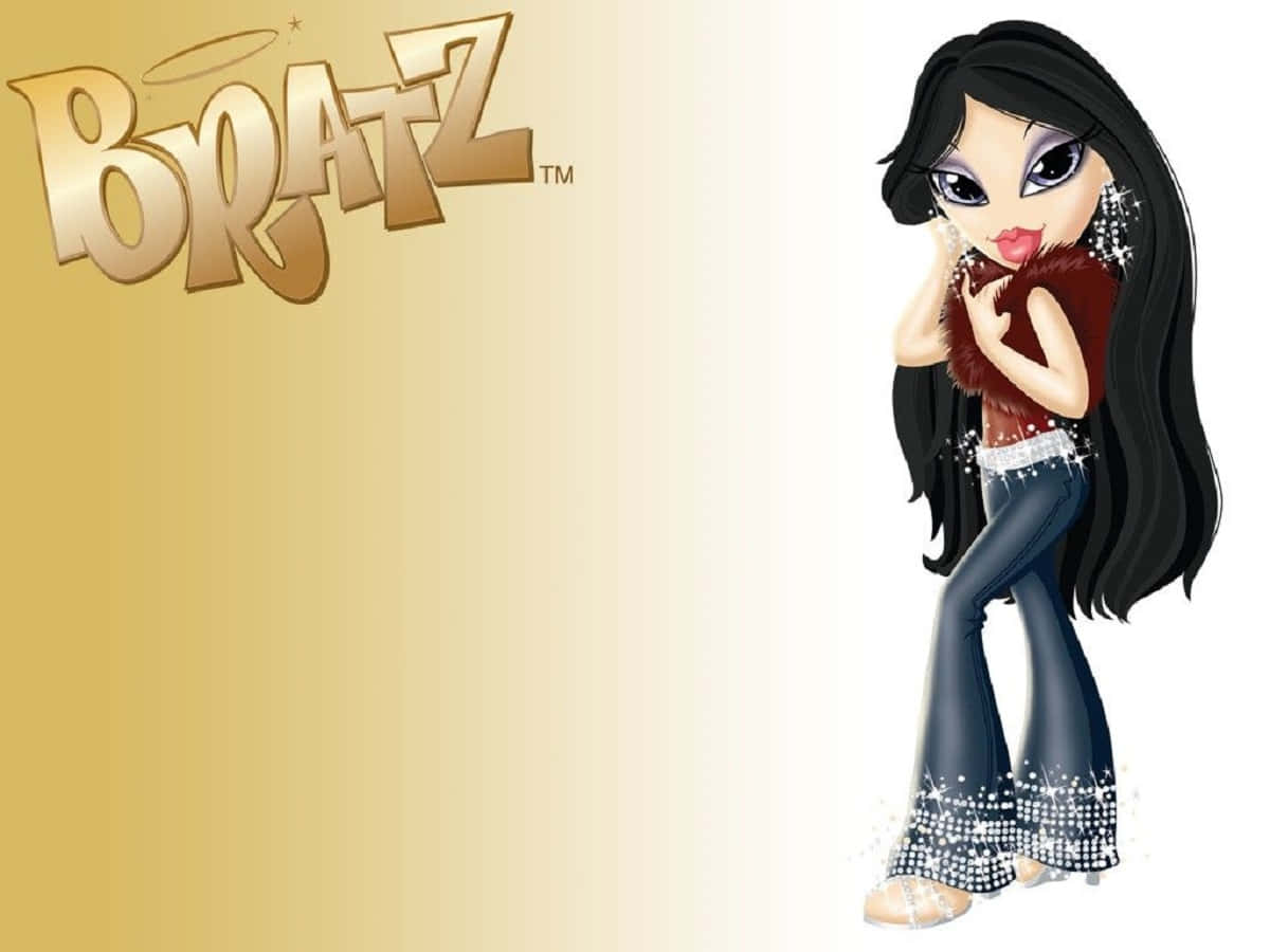 貝茲娃娃 桌布 壁紙 — 一個擁有長長黑髮和閃亮服裝的 Bratz 公仔，在金色漸變背景前擺姿勢，並帶有品牌標誌。