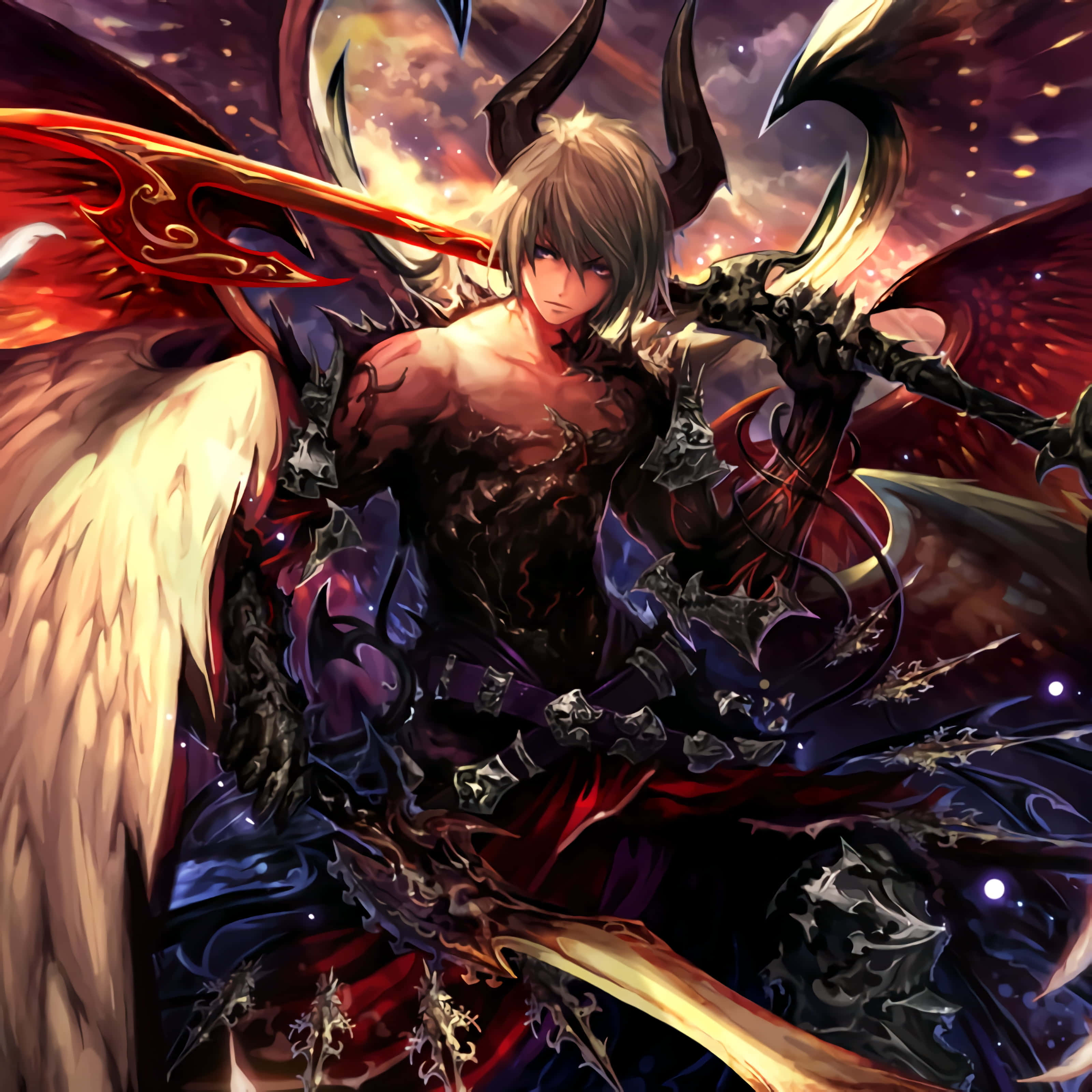 Lucifer Wings 桌布 壁紙 — 一個擁有雙翼和角的惡魔系動漫戰士，在熾熱的宇宙背景下揮舞著發光的劍。