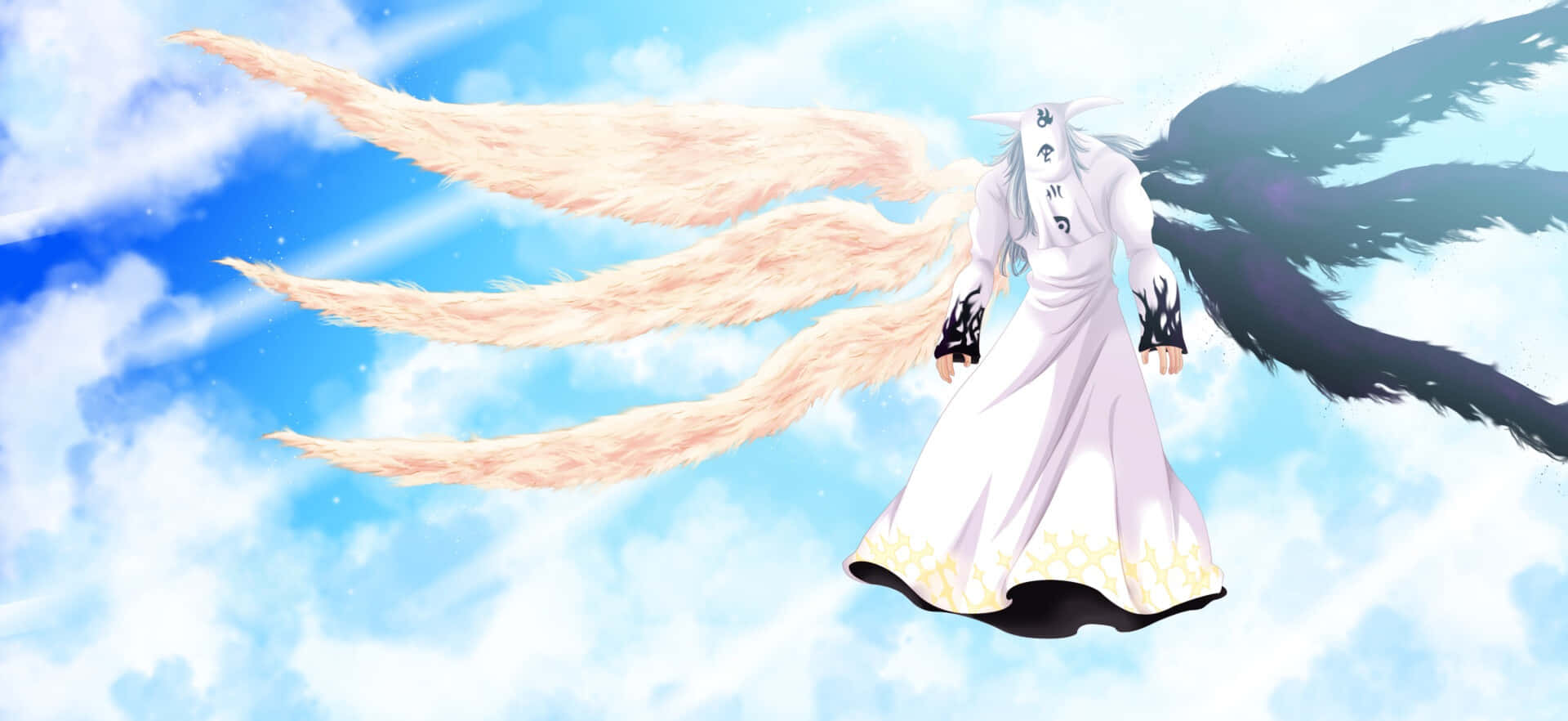 Seven Deadly Sins Mael 桌布 壁紙 — 一個擁有雙翼的動漫角色在晴朗藍天和蓬鬆雲朵中寧靜地漂浮。