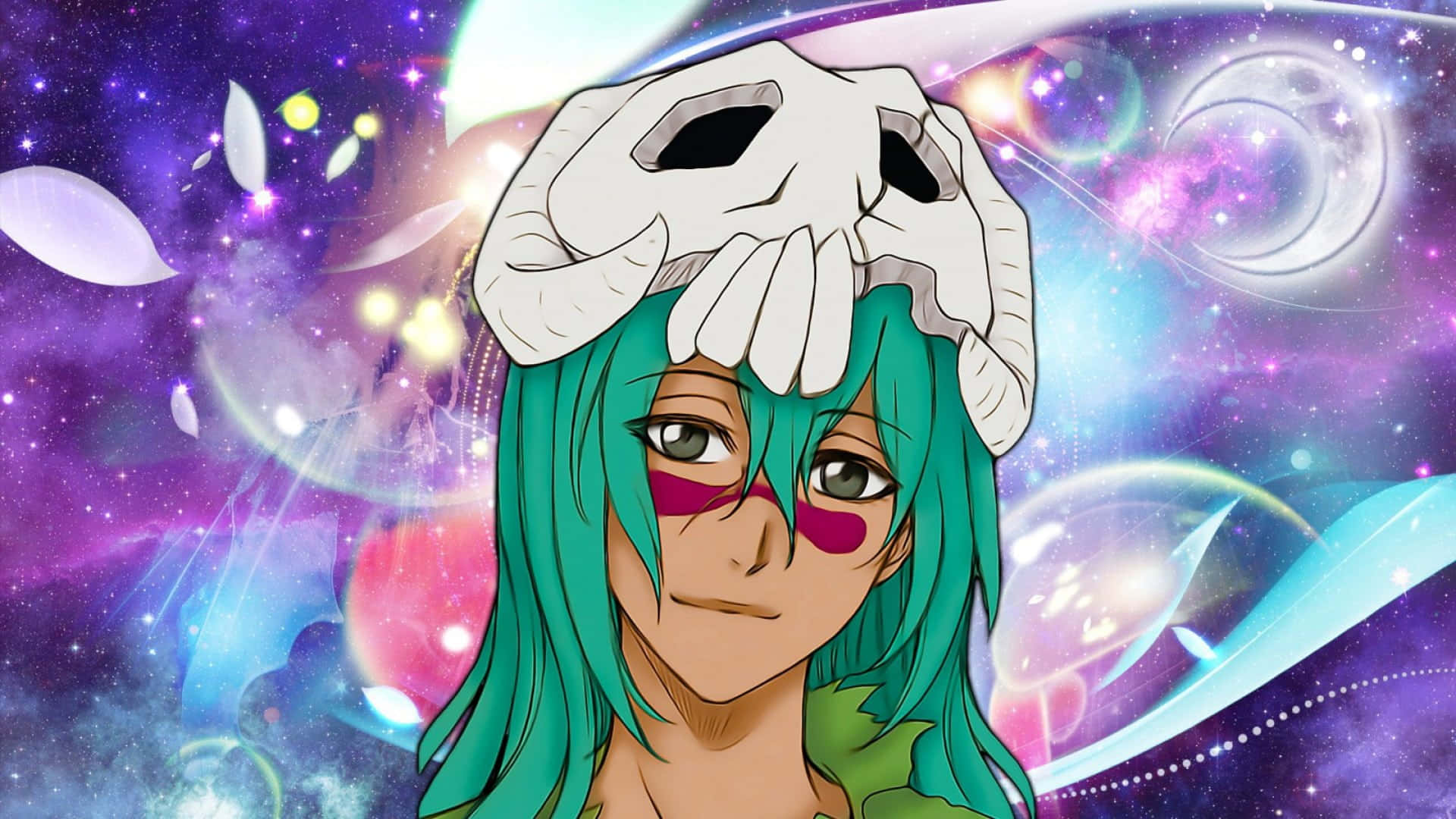 Nelliel Tu Odelschwanck 桌布 壁紙 — 一個擁有青綠色頭髮、頭戴骷髏頭的動漫角色，在充滿發光球體和漂浮葉子的宇宙銀河背景下平靜地凝視。