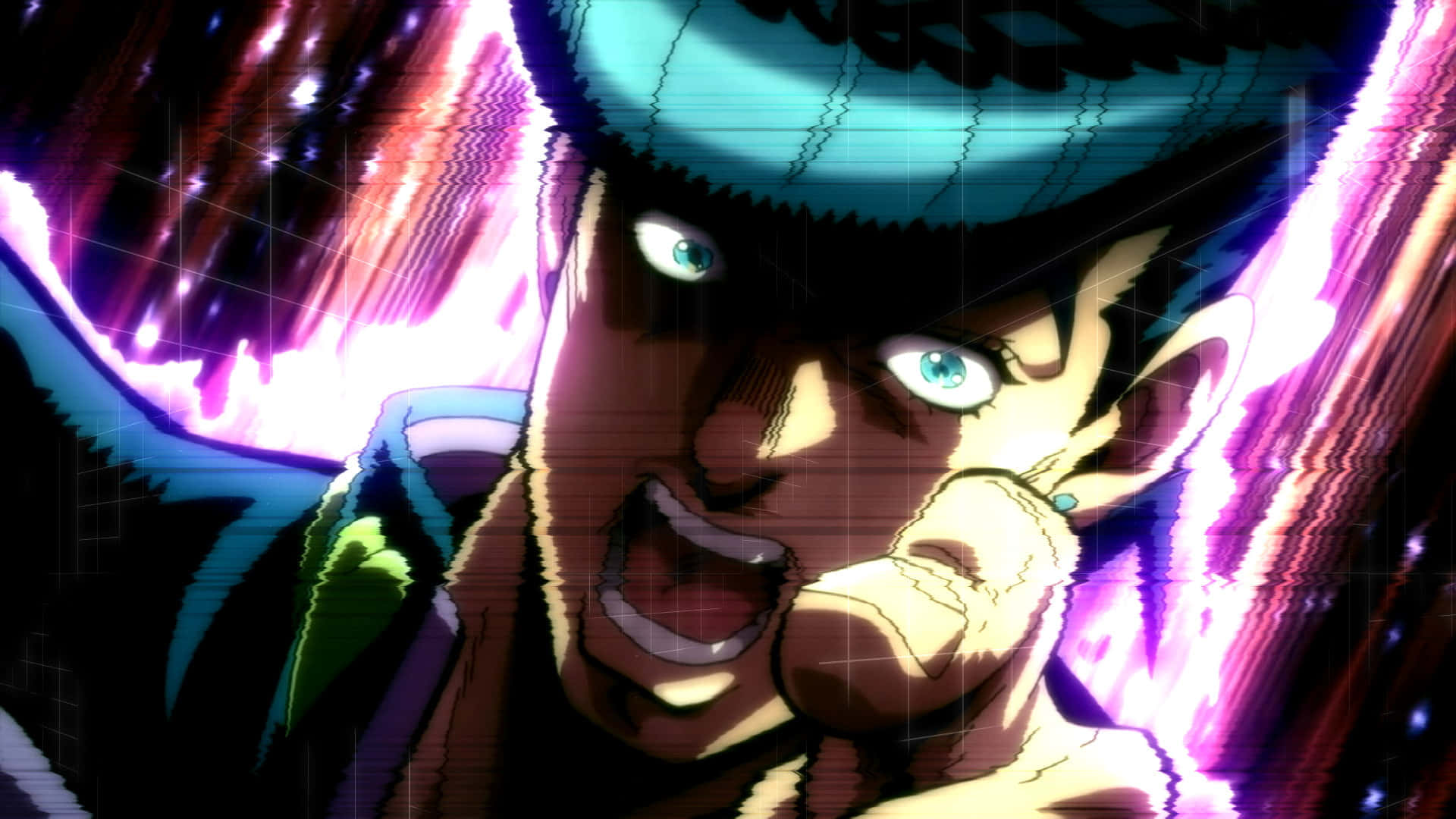 Josuke Higashikata 桌布 壁紙 — 一個擁有青綠色頭髮和發光眼睛的兇猛動漫角色，對著充滿活力的紫色和粉紅色能量爆發背景咆哮。