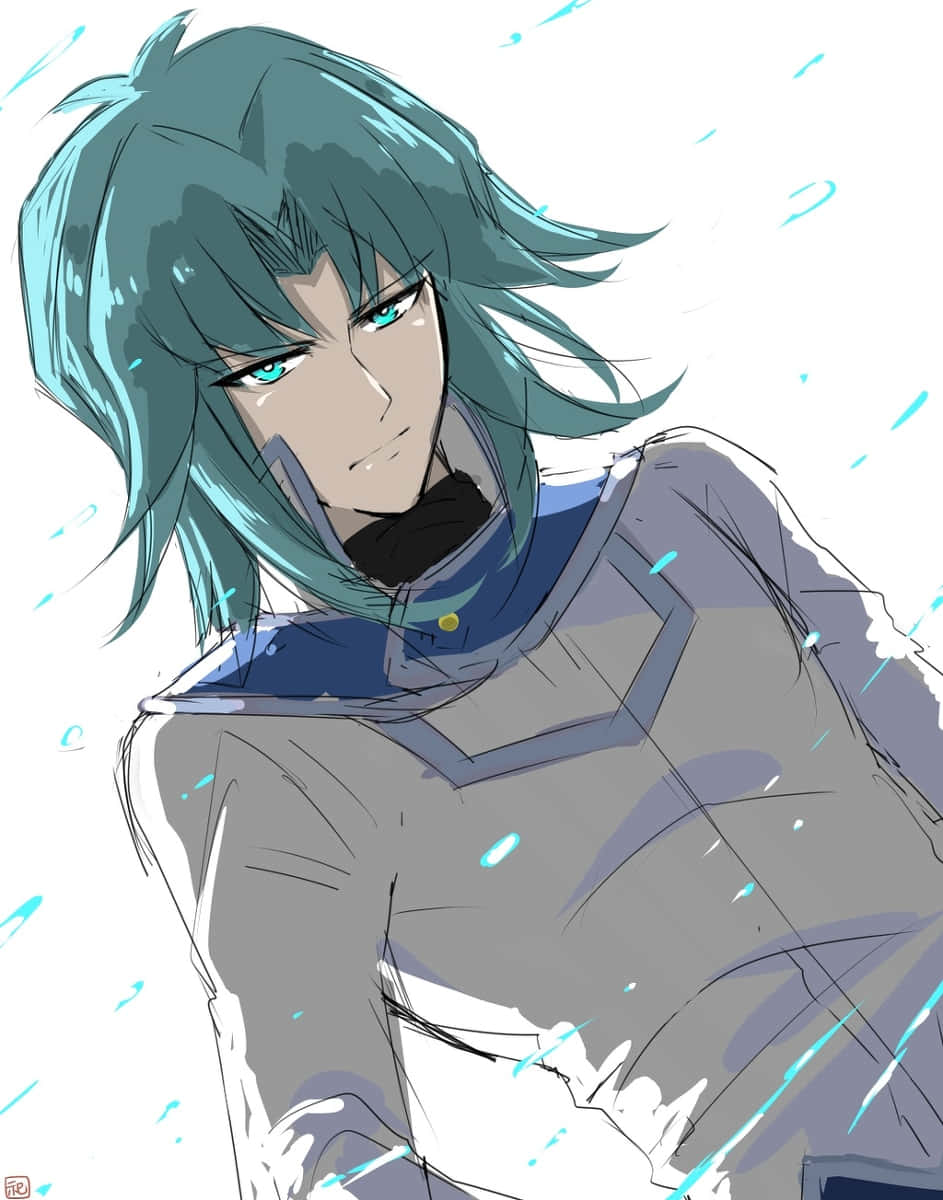 Zane Truesdale 桌布 壁紙 — 一個擁有青綠色頭髮和銳利眼睛的動漫角色站在暴雨中，穿著灰色和藍色的制服，水滴在周圍飛舞。