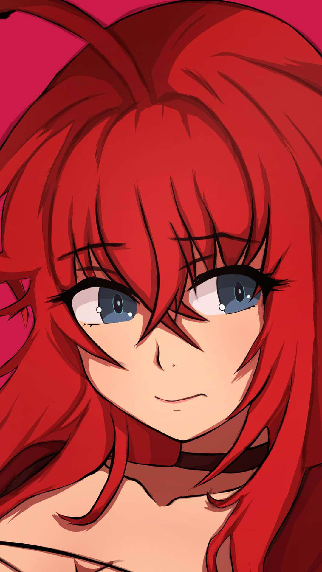 Rias Gremory 桌布 壁紙 — 一個擁有鮮豔紅髮和銳利藍眼的動漫女孩特寫，在純粉紅色背景上溫柔地凝視。