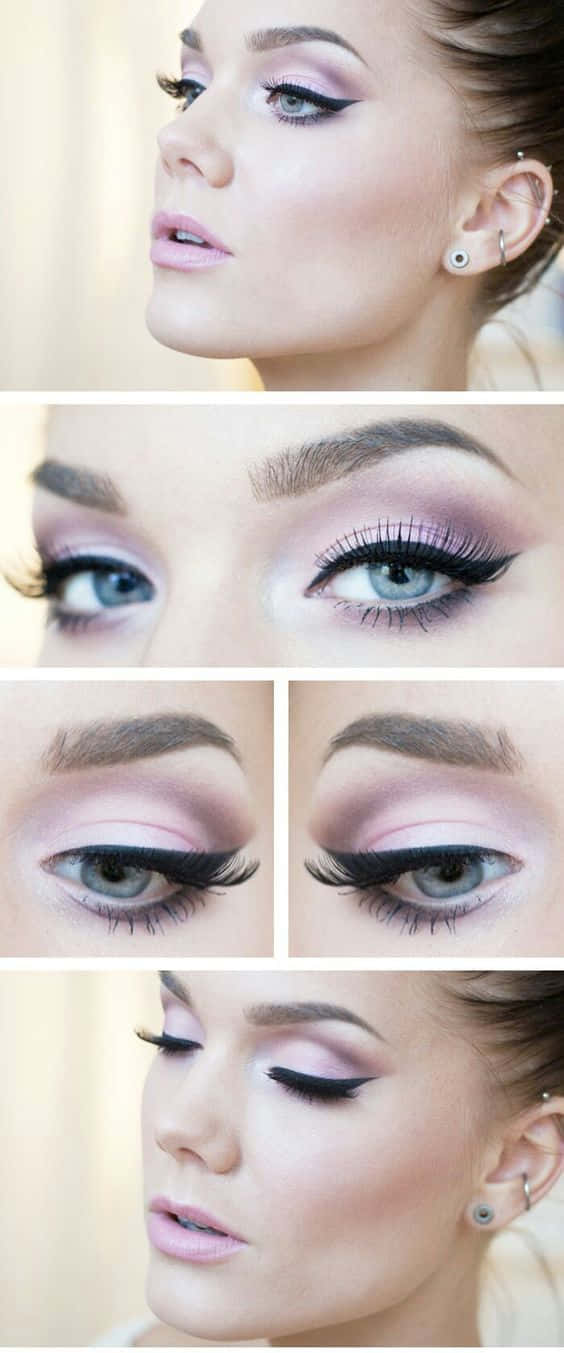 Spring Makeup 桌布 壁紙 — 一個擁有鮮豔紫色和粉紅色眼妝及長睫毛的女性，以多個特寫角度展示。