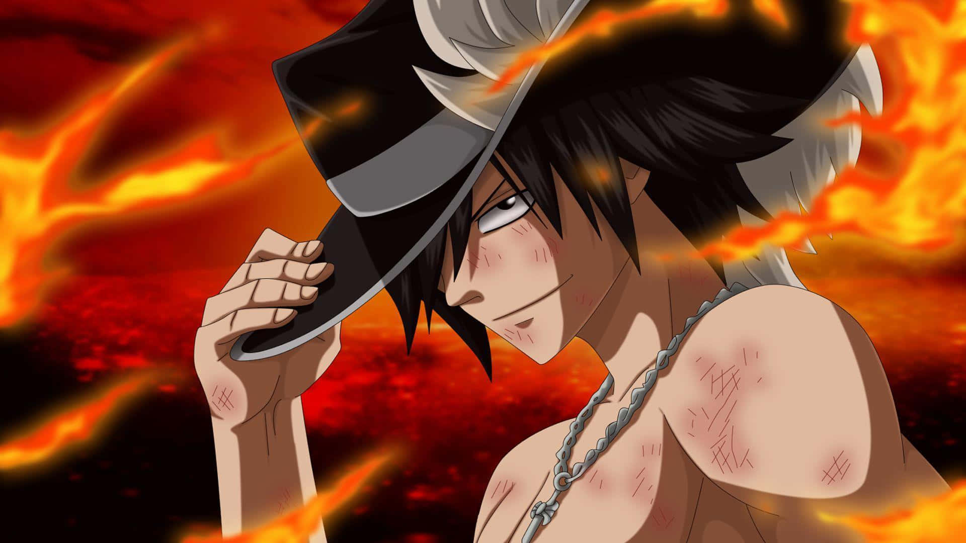 Gray Fullbuster 桌布 壁紙 — 一個擁有黑白頭髮、戴著帽子的動漫角色，在旋轉的火焰中自信地微笑。