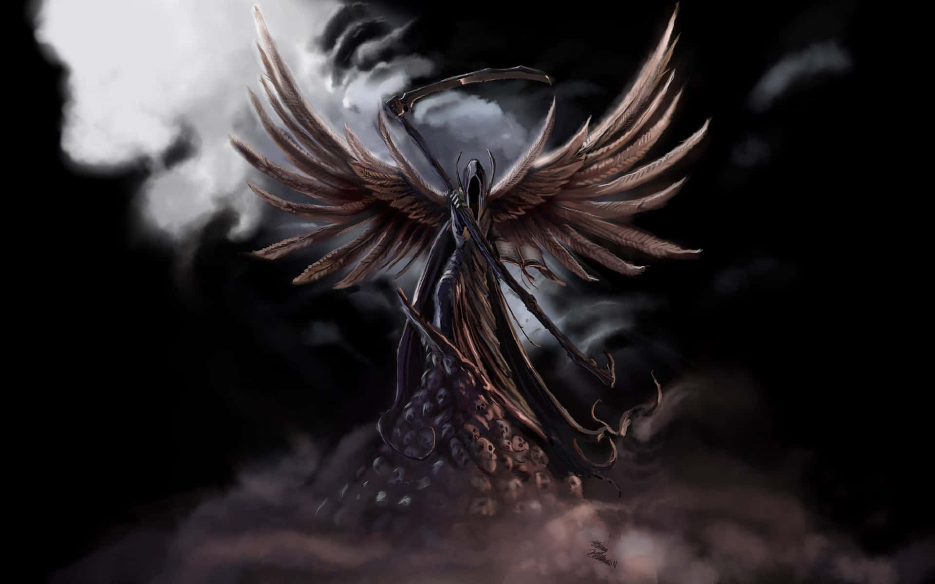 Wings 桌布 壁紙 — 一個擁有黑色翅膀、手持鐮刀的天使形象，站在骷髏之上，背景是風雨交加、月光照耀的天空。