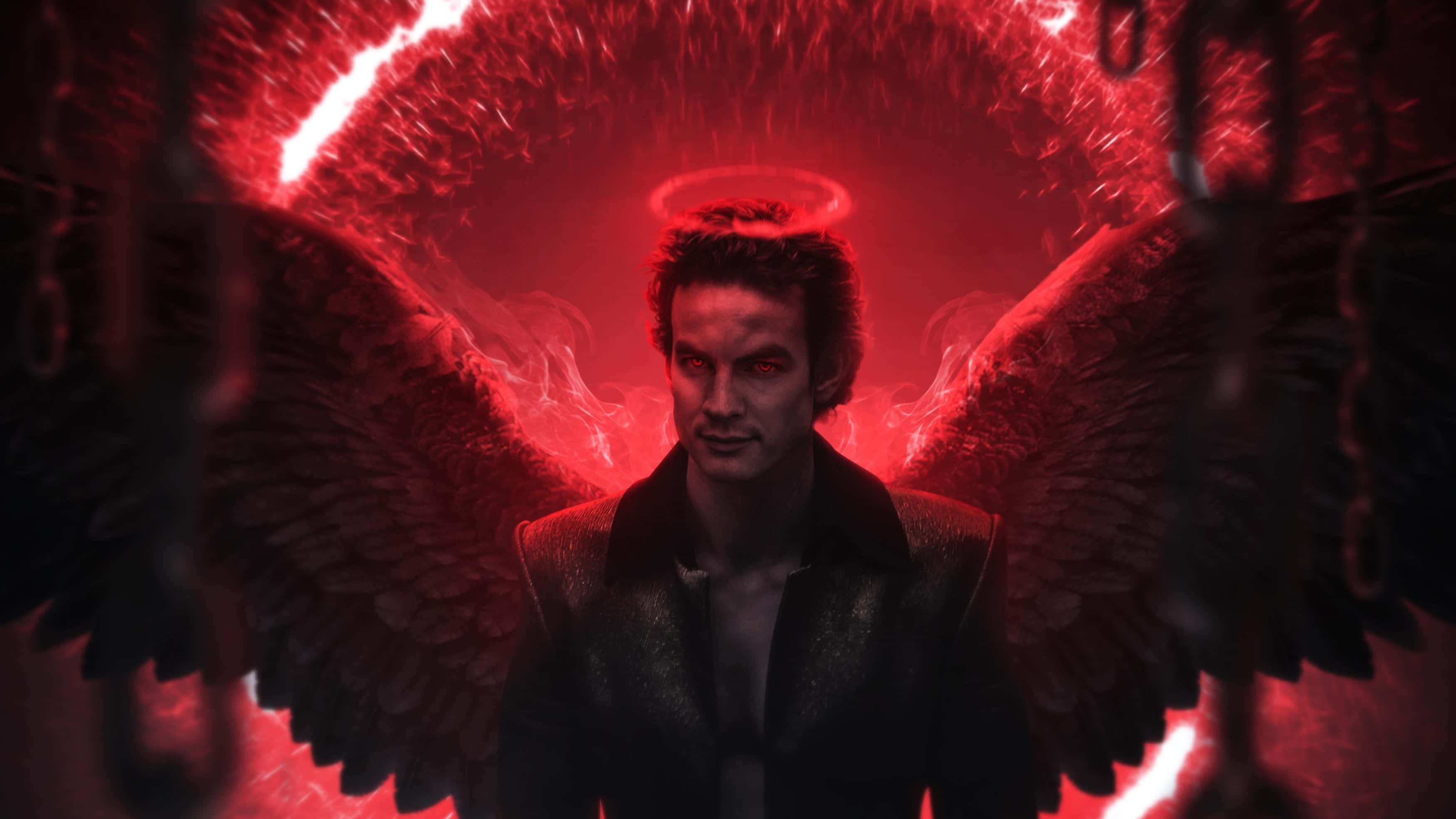 Lucifer Wings 桌布 壁紙 — 一個擁有黑色翅膀和光環的男人站在一個被掛鏈包圍的熾熱紅色地獄隧道中。