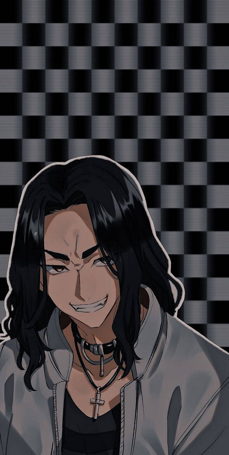 動漫男孩 桌布 壁紙 — 一個擁有黑色長髮和冷笑的動漫角色站在黑白格仔背景前。