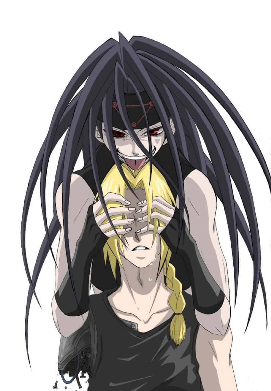 Fullmetal Alchemist Envy 桌布 壁紙 — 一個擁有黑色長髮和紅色眼睛的動漫角色，以黑暗而激烈的姿勢抱著一個金髮的人。