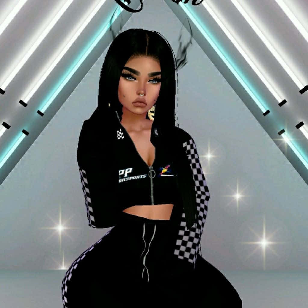 imvu 桌布 壁紙 — 一個擁有黑色長髮和鮮豔妝容的數碼虛擬人物，自信地穿著黑色格仔賽車服，背景是發光的霓虹三角形。
