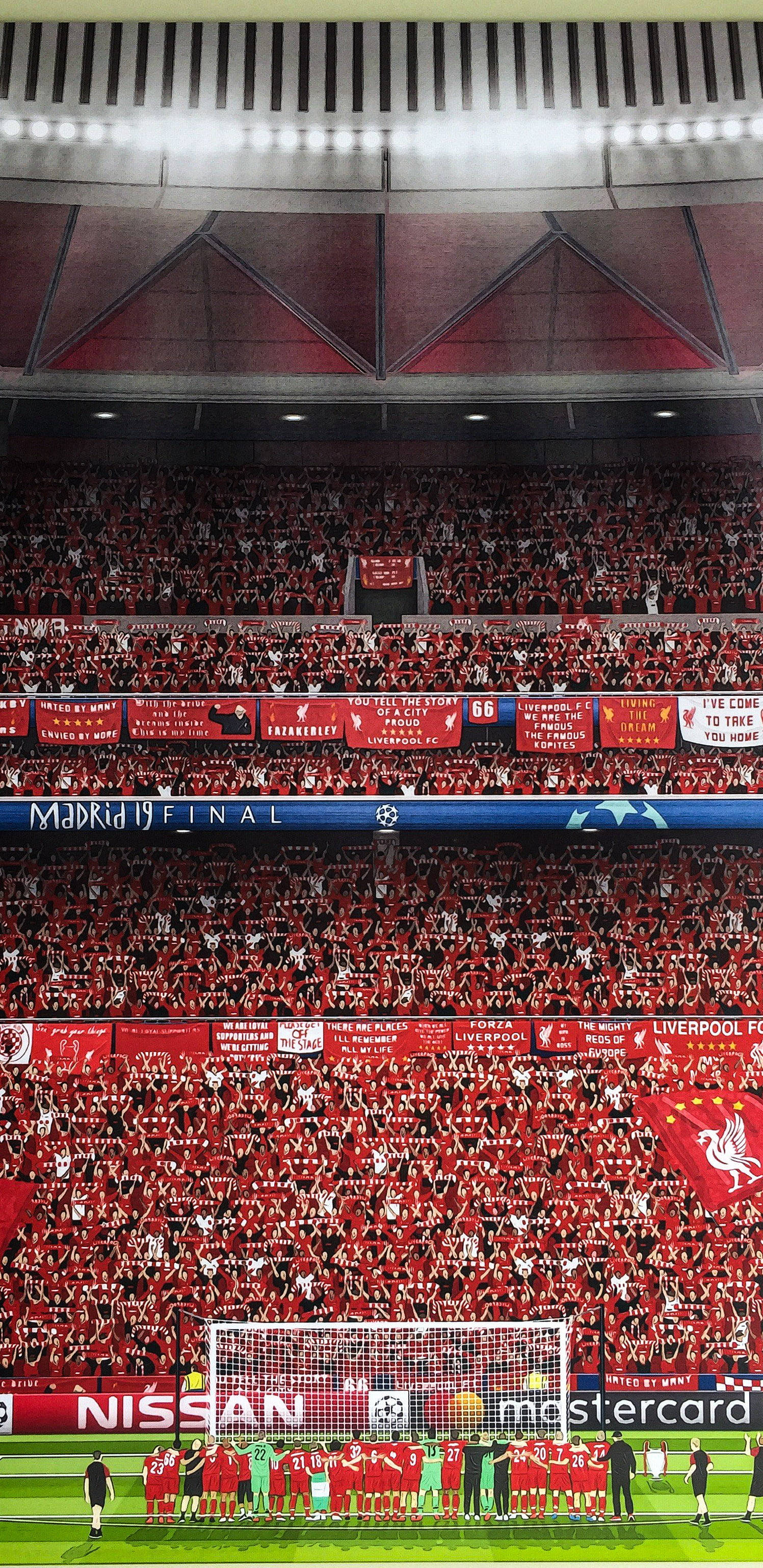 Liverpool Fc 桌布 壁紙 — 一個擠滿人的足球場，身穿紅色的球迷熱烈歡呼並揮舞旗幟，球隊在球場上列隊準備進行歐洲聯賽冠軍盃決賽。