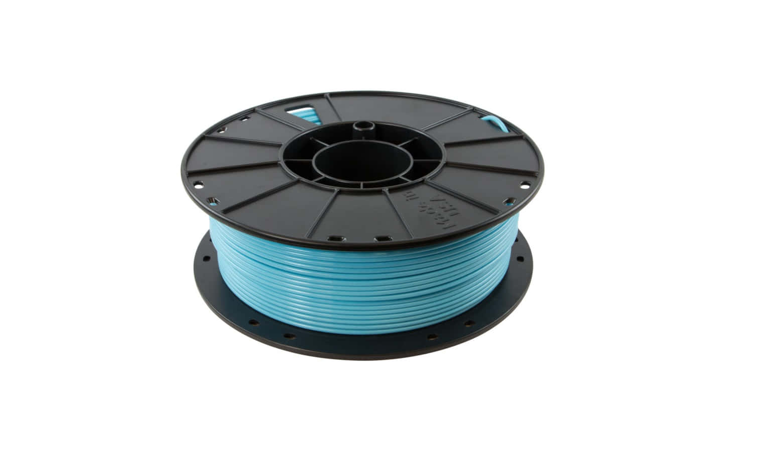 Electric Blue 桌布 壁紙 — 一個整齊纏繞的淺藍色3D打印線軸，放在黑色塑料捲軸上，背景為潔白乾淨。