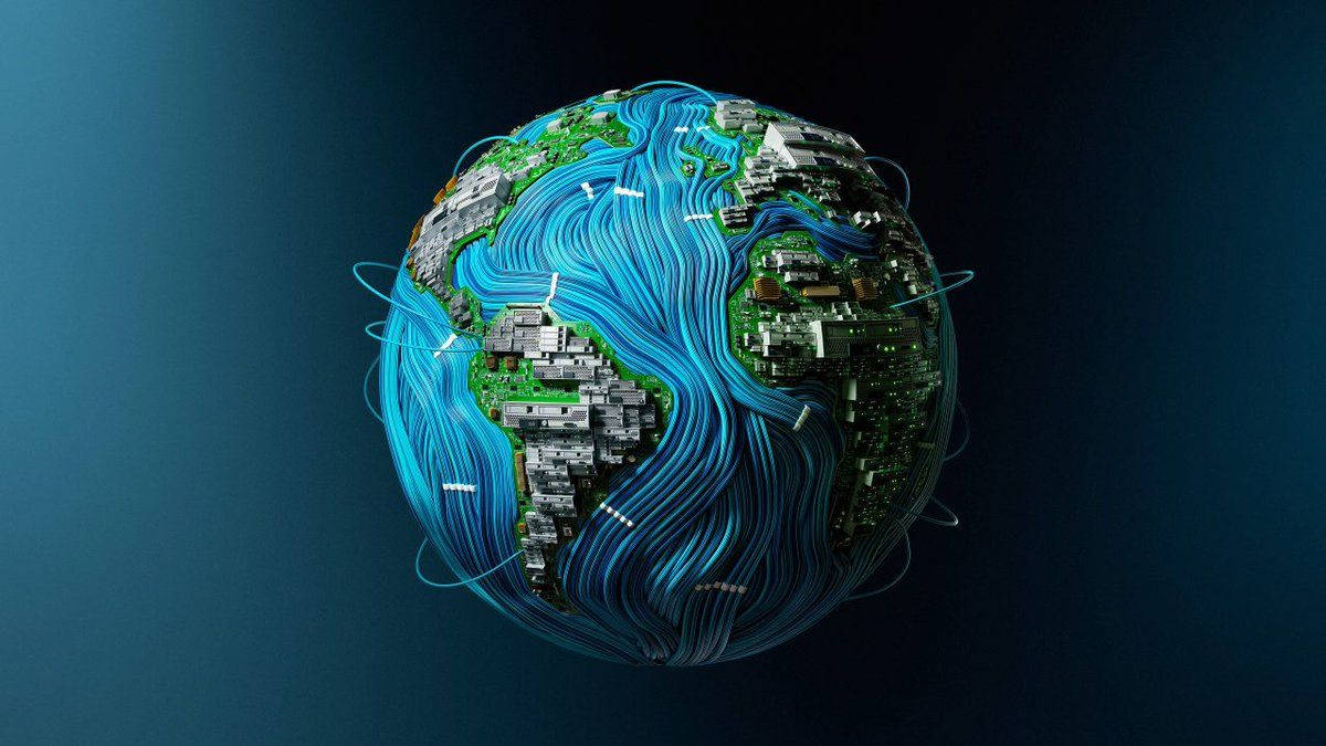 地球 桌布 壁紙 — 一個數位地球儀，發光的藍色數據流在電路板大陸間穿梭，背景為深藍色漸變。