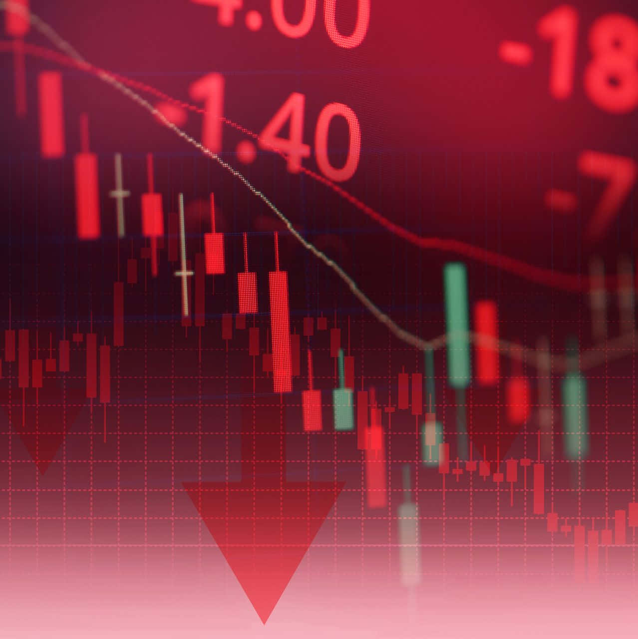 Stock Market 桌布 壁紙 — 一個數位股票圖表，帶有紅色下跌蠟燭和一個表示市場下跌的大型紅色箭頭。