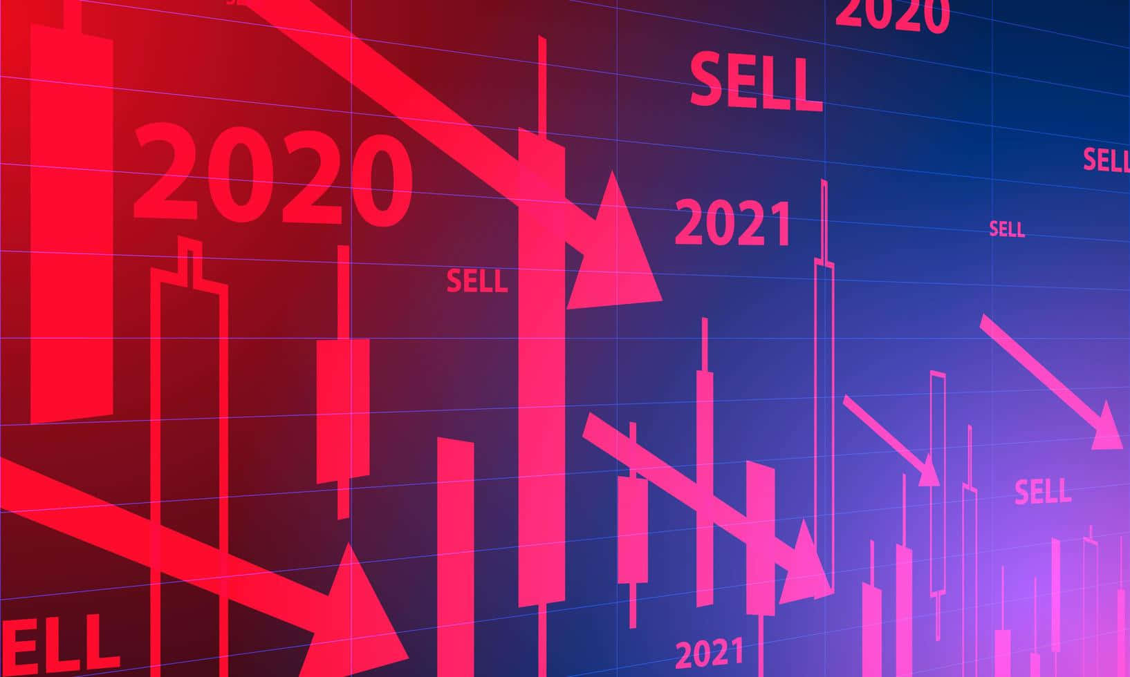 Stock Market 桌布 壁紙 — 一個數位股票圖表，帶有紅色向下箭頭和「SELL」標籤，橫跨2020年和2021年，背景為漸變色。