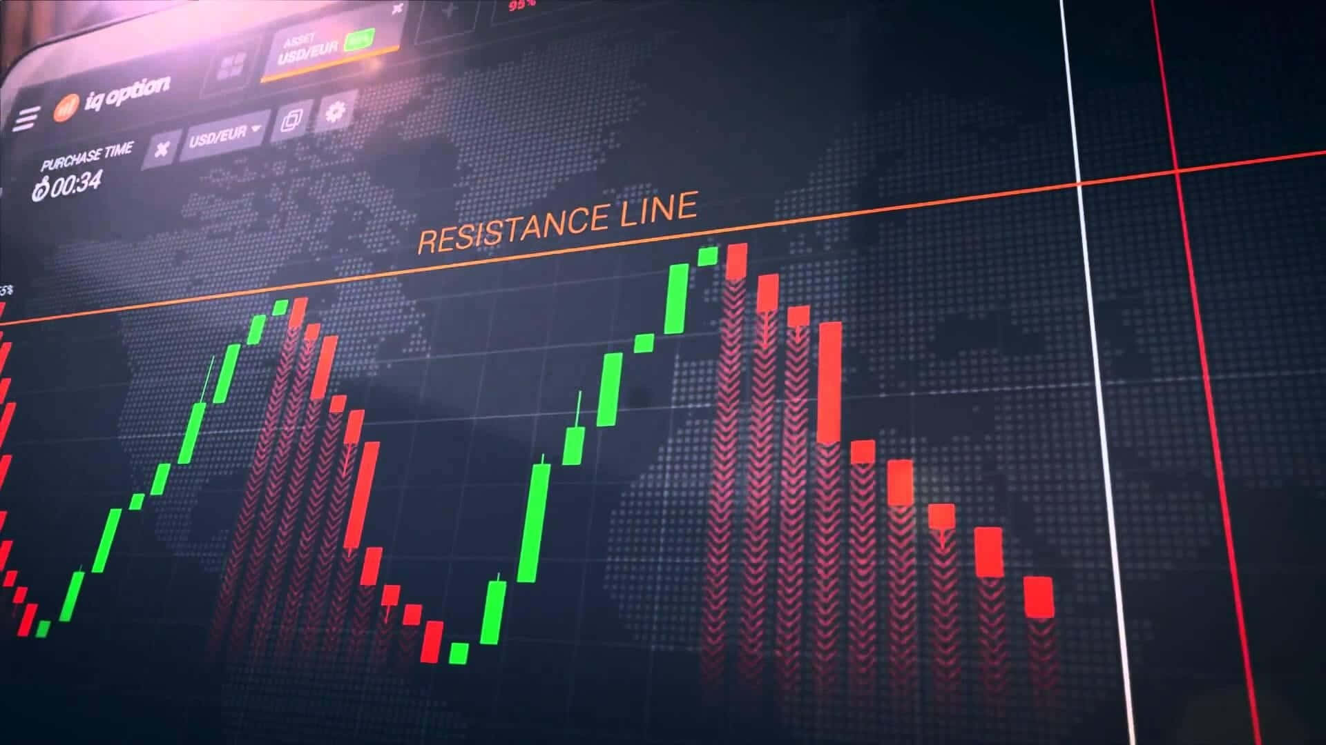 Forex 桌布 壁紙 — 一個數碼交易屏幕顯示一個蠟燭圖，帶有綠色和紅色的柱狀圖，背景是世界地圖，顯示一條阻力線。