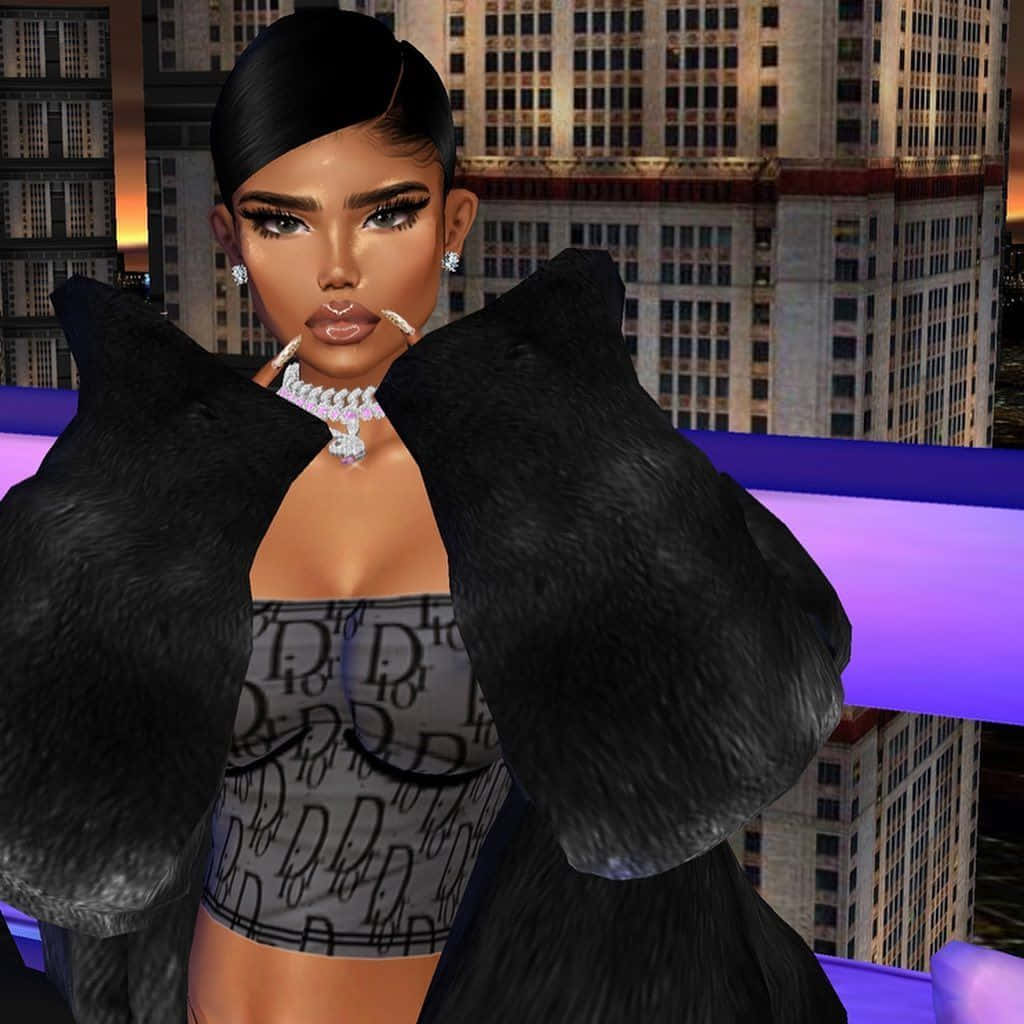 imvu 桌布 壁紙 — 一個數碼化身，帶有鮮豔化妝和鑽石珠寶，穿著黑色毛皮大衣，背景是黃昏時閃爍的城市天際線。