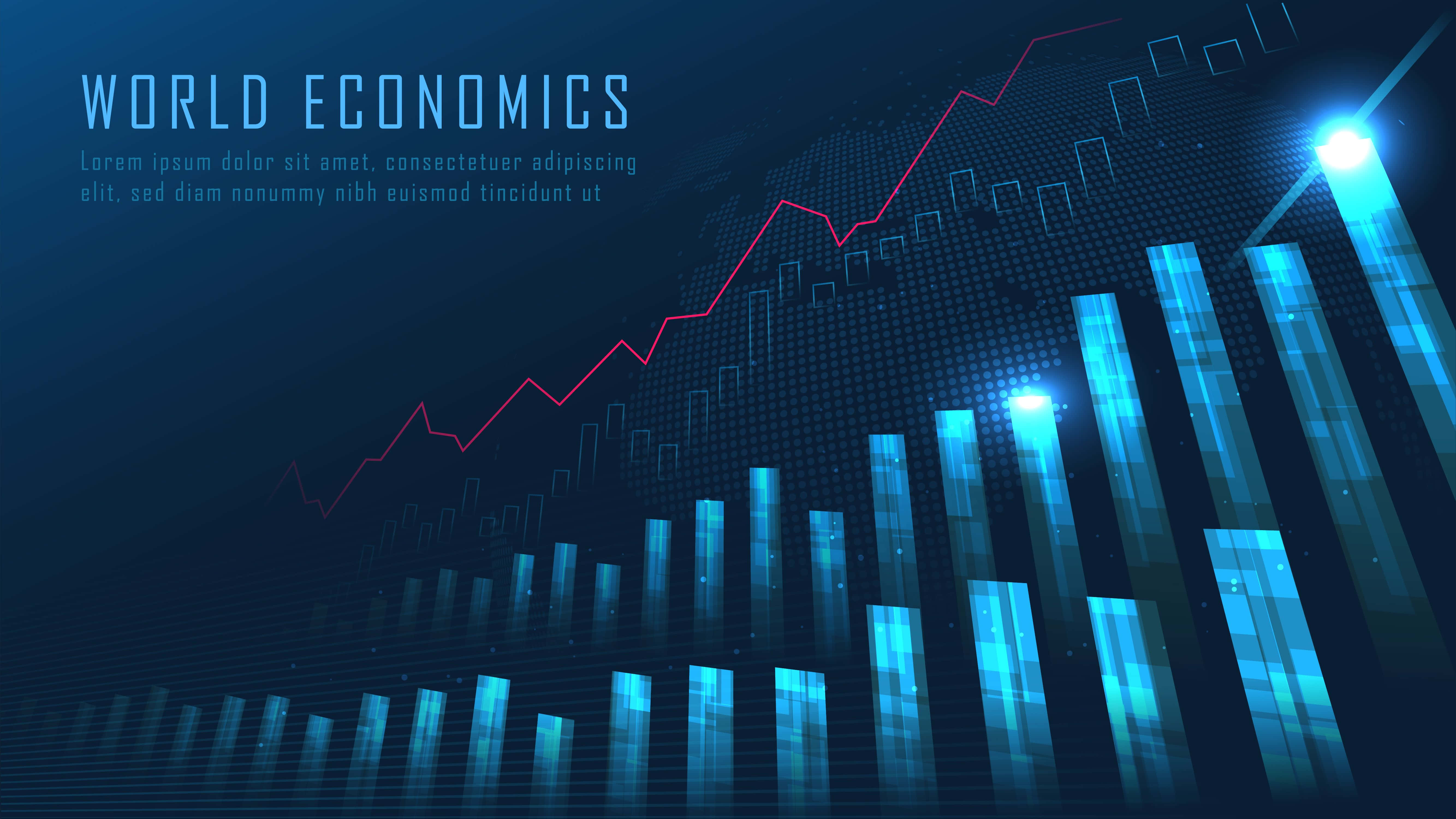 Forex 桌布 壁紙 — 一個數碼圖形，在深藍色世界地圖背景上顯示上升的紅色線圖和發光的藍色條形圖。