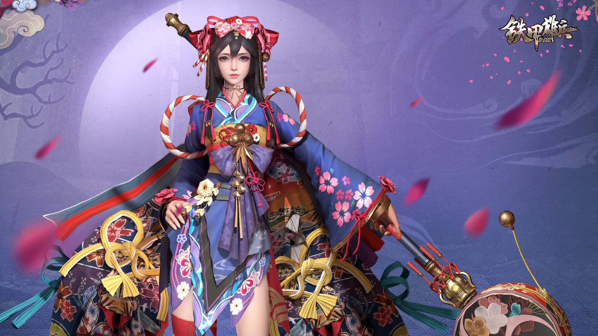 Blood Of Steel 桌布 壁紙 — 一個數碼渲染的動漫女孩，身穿華麗的藍色和服，飾有櫻花，在紫色月光背景下手持裝飾性武器。