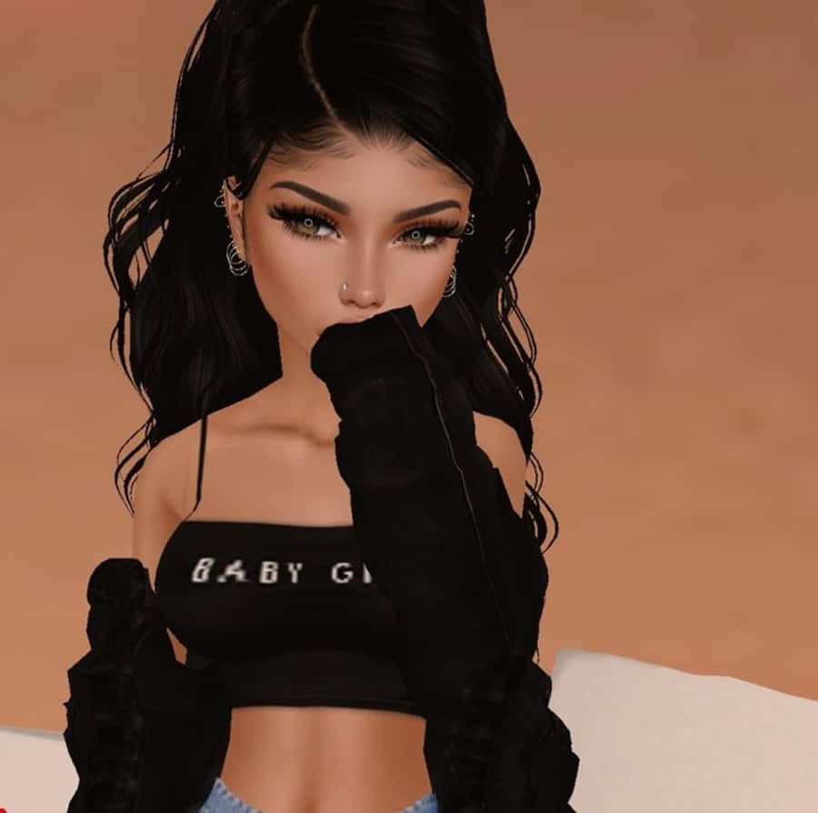 imvu 桌布 壁紙 — 一個數碼渲染的女人，長長的黑髮和誇張的妝容，用戴著黑色手套的手遮住嘴巴，背景是溫暖的米色。