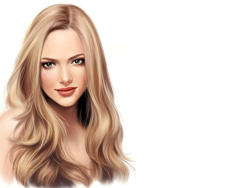 Amanda Seyfried 桌布 壁紙 — 一個數碼渲染的女性肖像，長長的金色秀髮飄逸，綠色眼睛，背景為純白色。