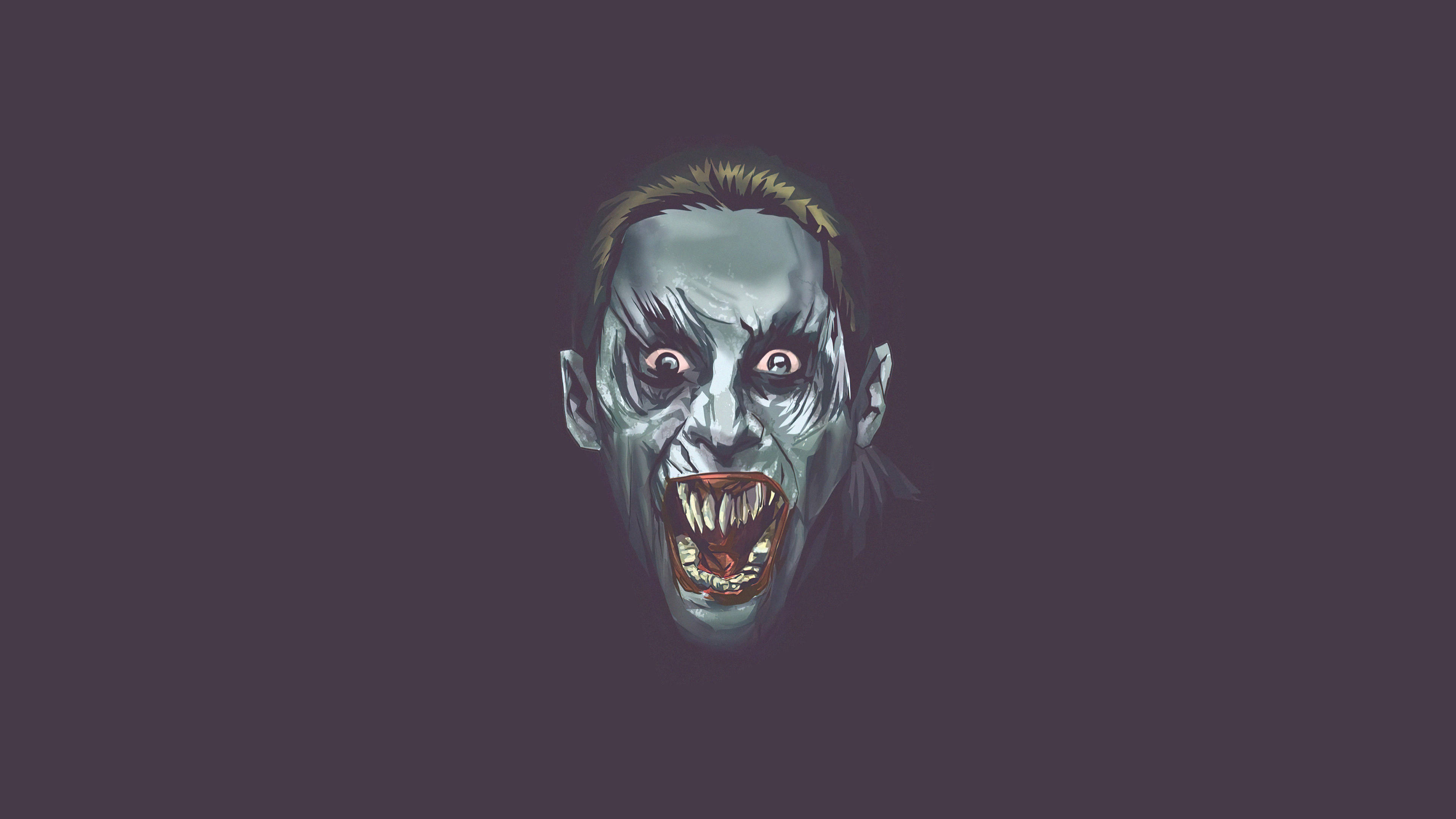 screaming 桌布 壁紙 — 一個數碼渲染的殭屍面孔，蒼白的皮膚和尖銳的牙齒，在深紫色背景上尖叫。