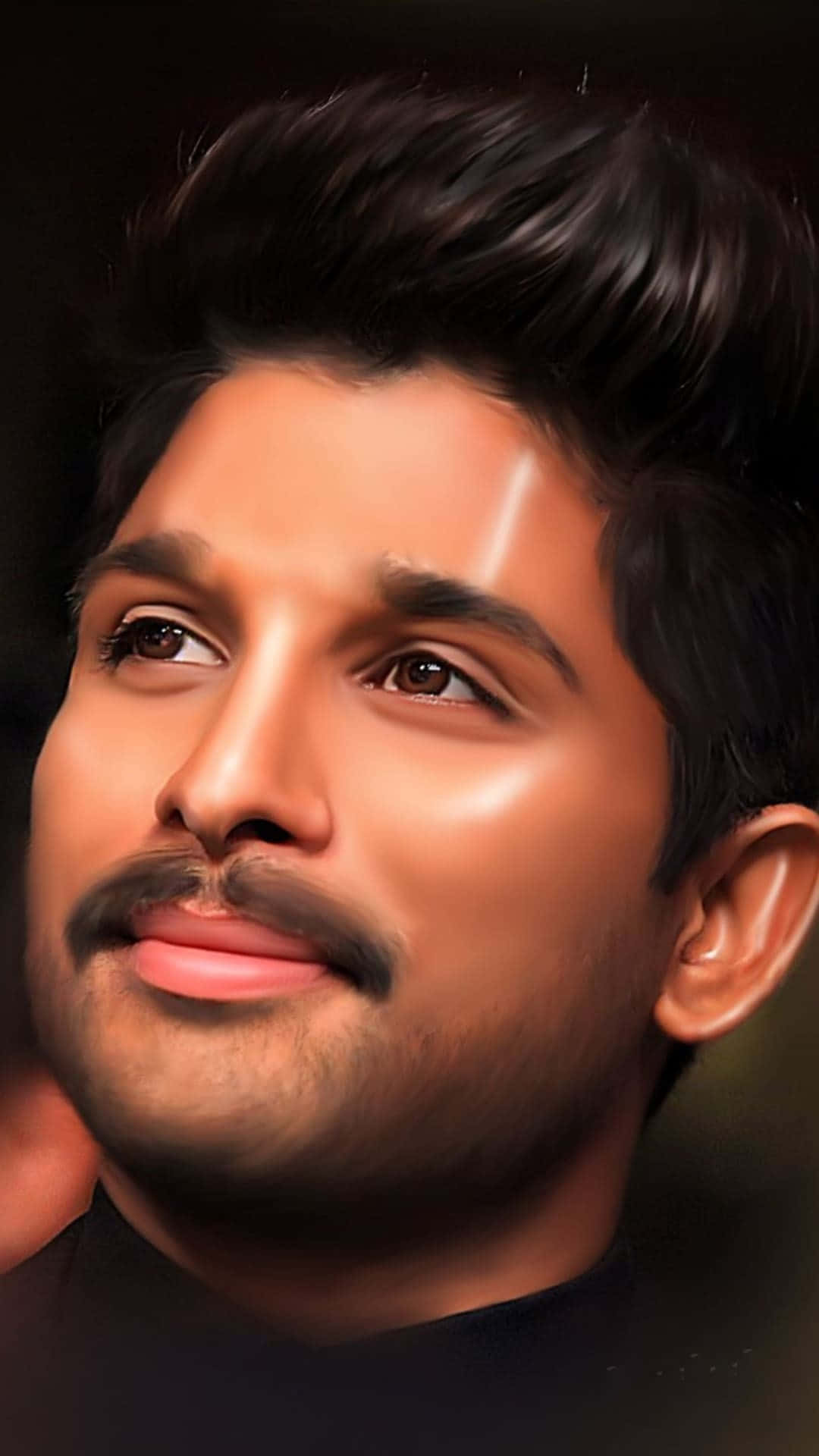 Allu Arjun 桌布 壁紙 — 一個數碼渲染的肖像，描繪一位深色頭髮和鬍鬚的男子，帶著溫柔的微笑向上凝視。