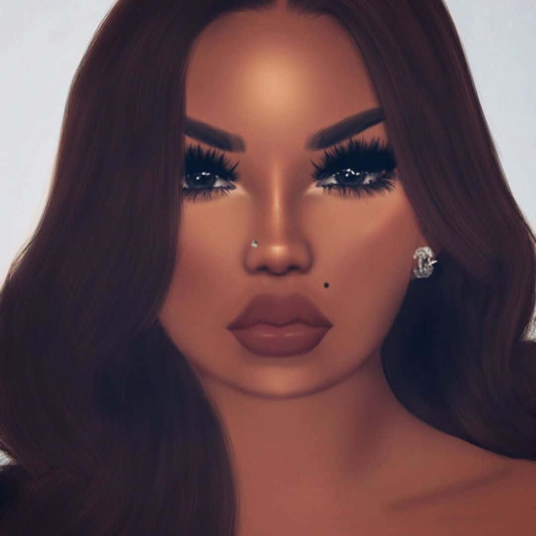 imvu 桌布 壁紙 — 一個數碼渲染的肖像，描繪一位長髮棕眼、妝容出眾的女性，背景簡潔。