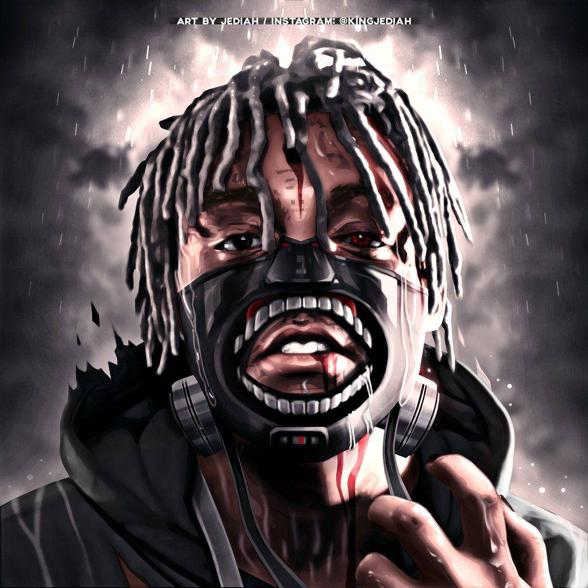 Juice WRLD 桌布 壁紙 — 一個數碼渲染的肖像，描繪一名留著辮子、戴著防毒面具的男子在暴風雨、濕滑的天空中尖叫。
