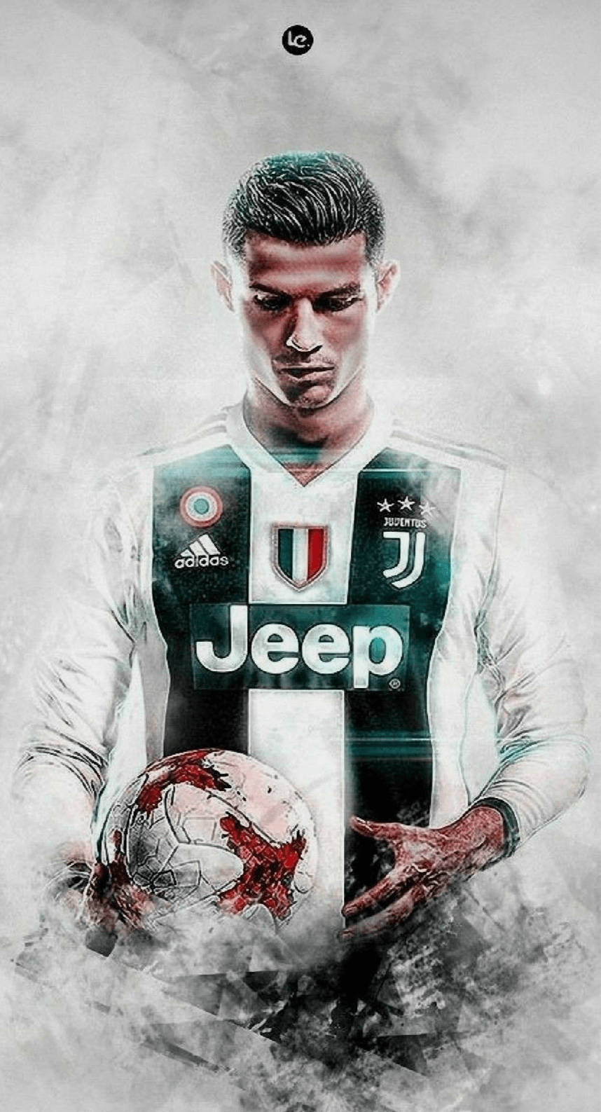 Ronaldo 桌布 壁紙 — 一個數碼渲染的足球員穿著祖雲達斯球衣，在煙霧灰色背景上拿著一個血淋淋的球。