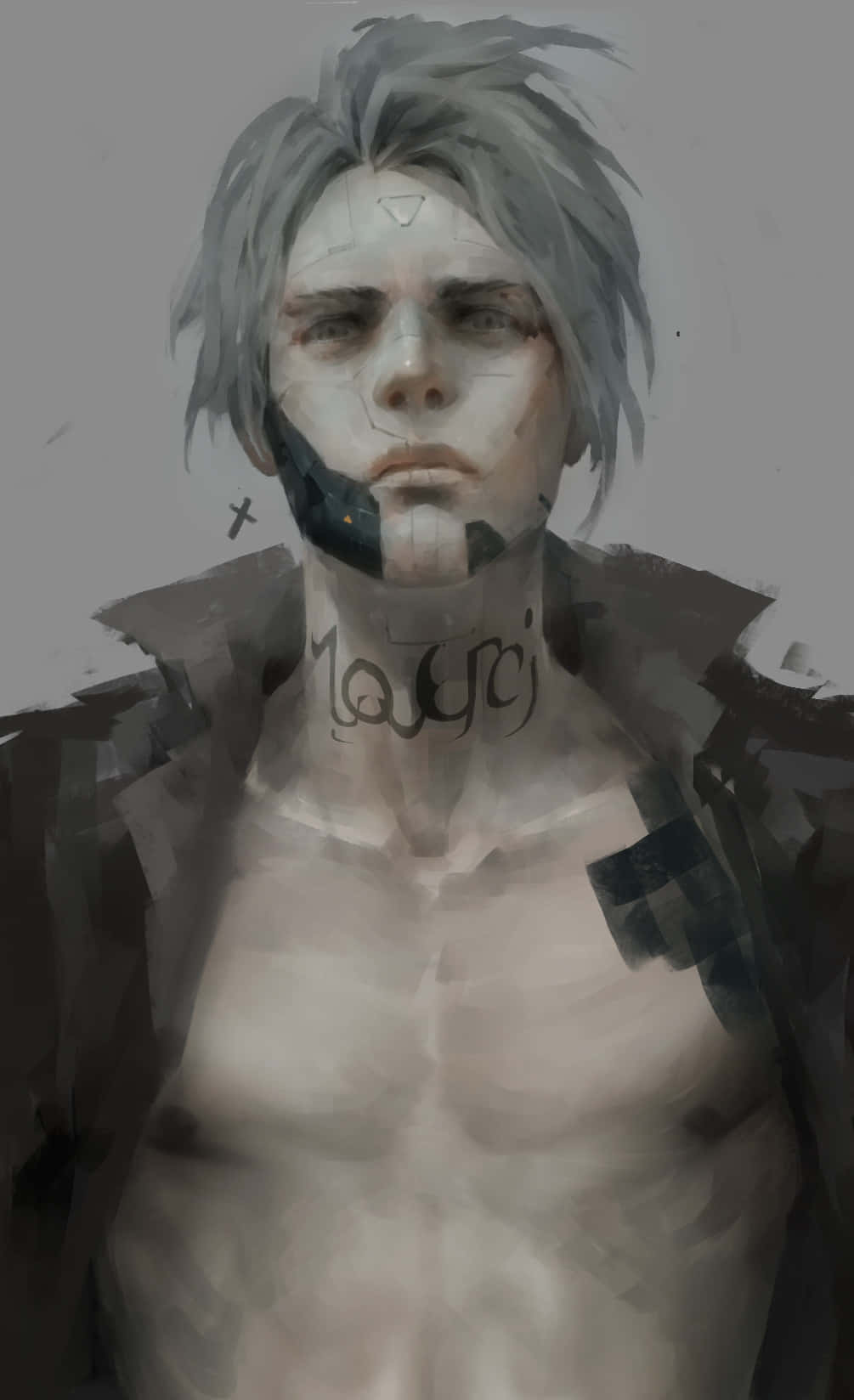 Hideo Kuze 桌布 壁紙 — 一個數碼繪製的肖像，描繪一名赤裸上身的灰髮男子，頸部和臉部有紋身，背景為純灰色。
