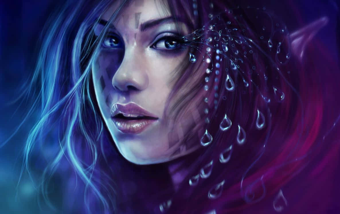 精靈 桌布 壁紙 — 一個數碼肖像，描繪一位幻想女性，擁有發光的藍色眼睛和流動的頭髮，點綴著水晶般的液滴，背景為深紫色和藍色。