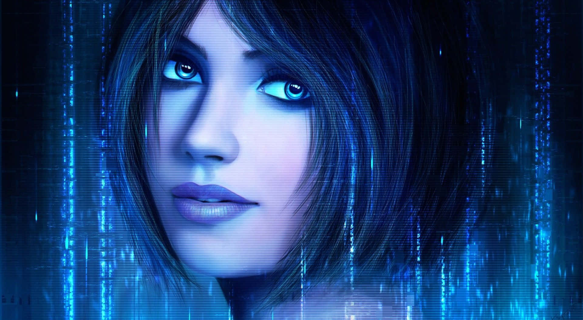 Halo Cortana 桌布 壁紙 — 一個數碼肖像，描繪一位擁有發光藍眼睛的女性，被層疊的藍色數據流包圍，呈現賽博龐克美學。