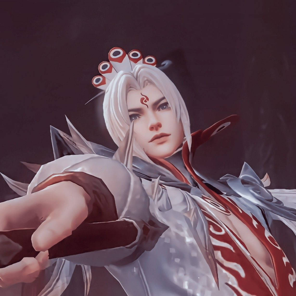 Mobile Legends 桌布 壁紙 — 一個數碼藝術動漫角色，白色頭髮和紅色標記，在黑暗背景下以戲劇性的姿勢向前指。