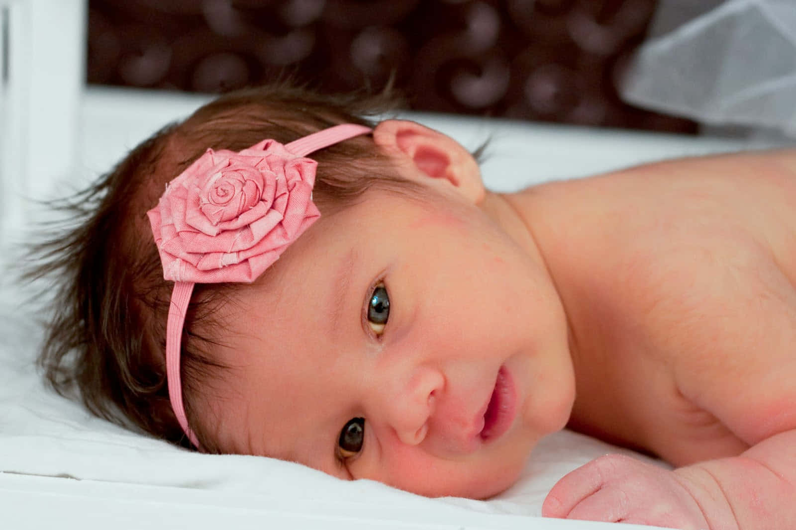 Baby Girl 桌布 壁紙 — 一個新生嬰兒，深色眼睛，戴著粉紅色玫瑰頭帶，躺在白色毯子上，好奇地看著相機。