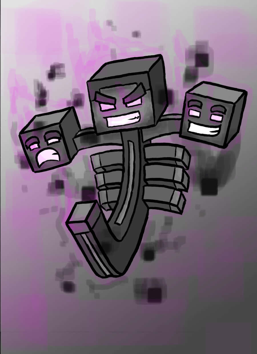 Minecraft Wither Boss 桌布 壁紙 — 一個方塊卡通角色，擁有三個不同的面孔，漂浮在紫色像素背景上。