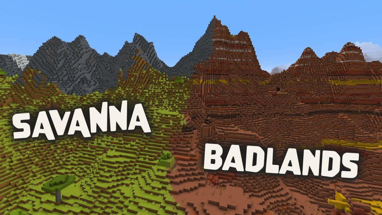 Minecraft Bedrock Edition 桌布 壁紙 — 一個方塊狀嘅Minecraft景觀，喺晴朗藍天下分為綠色稀樹草原同紅色惡地。