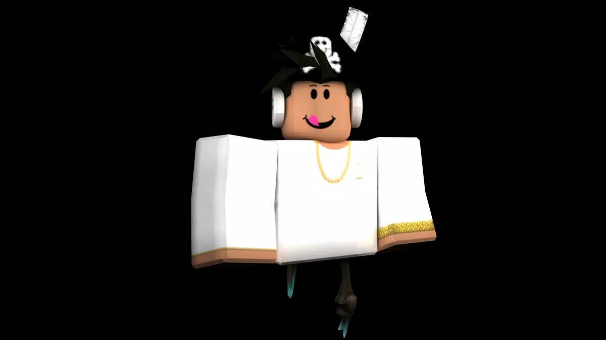海盜 桌布 壁紙 — 一個方塊狀的 Roblox 頭像，戴著耳機和骷髏帽，漂浮在黑色背景上。