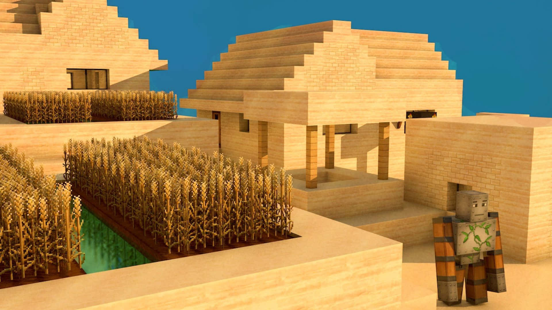 Minecraft Iron Golem 桌布 壁紙 — 一個方塊狀的Minecraft村民站在梯田石屋和玉米田旁邊，天空清澈湛藍。