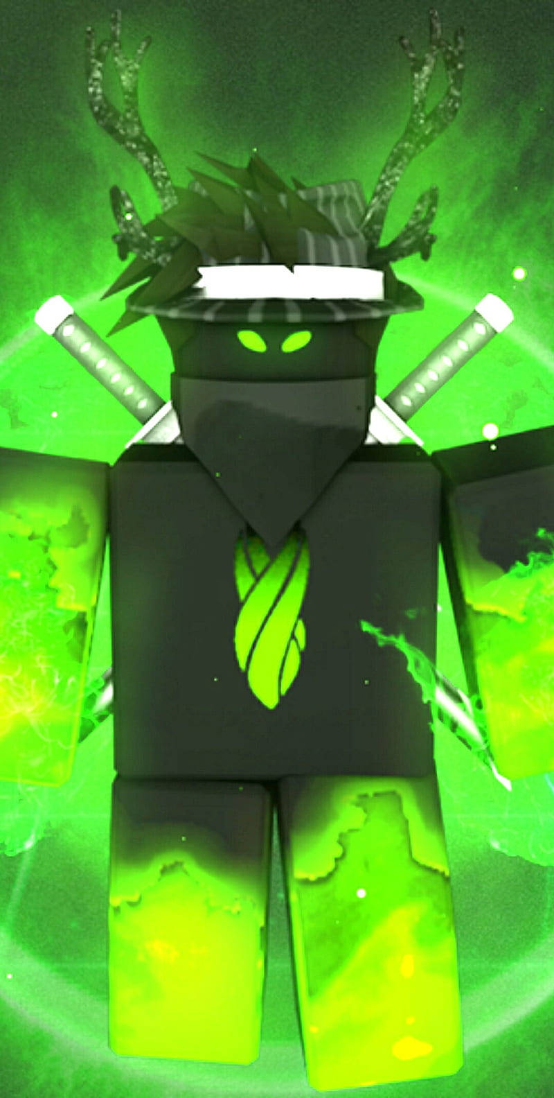 Roblox 桌布 壁紙 — 一個方塊狀的忍者頭像，擁有發光的綠色眼睛和鹿角，揮舞著劍，對抗充滿活力的綠色能量光環。