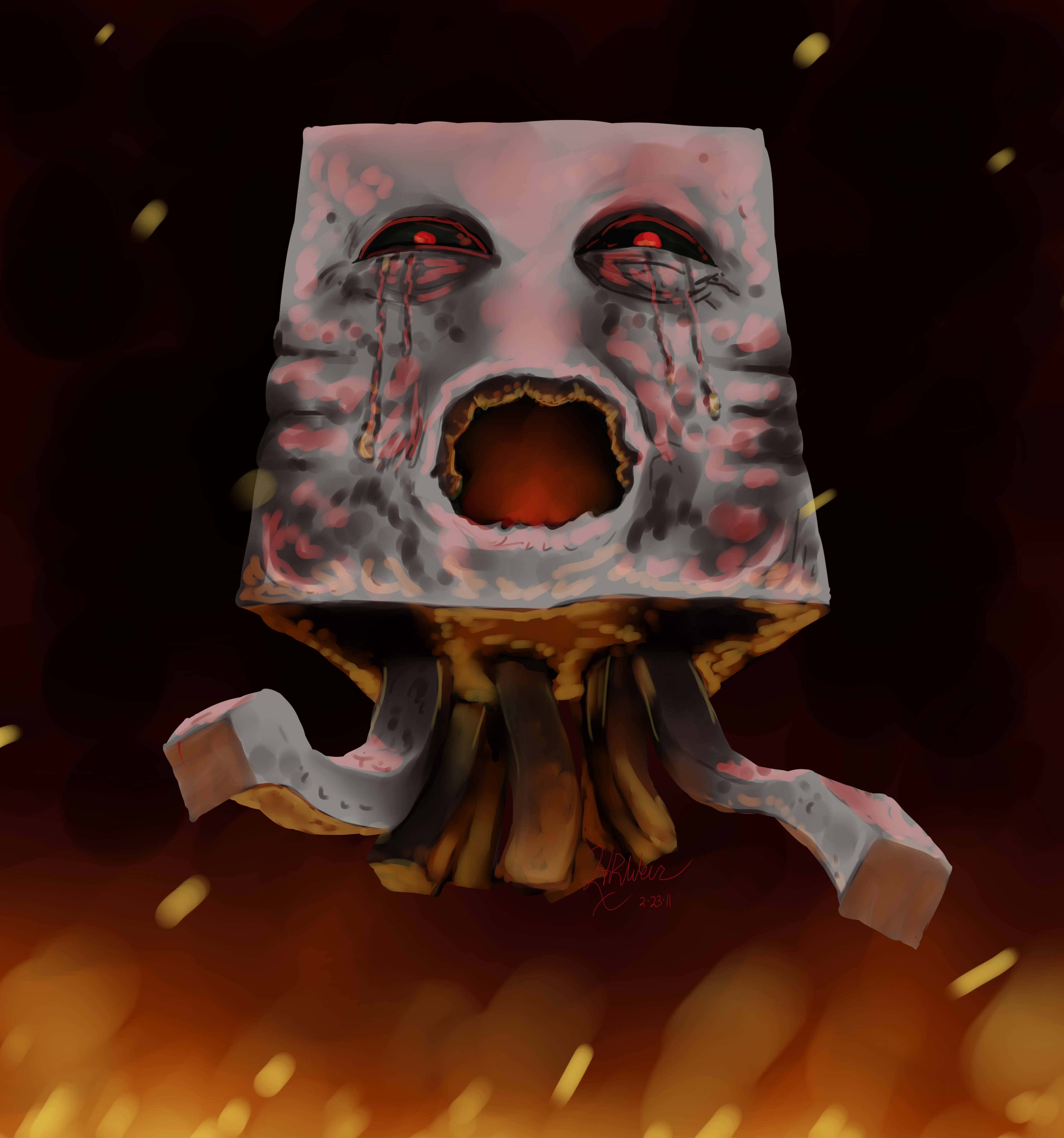 Minecraft Ghast 桌布 壁紙 — 一個方塊狀的數位生物，有著發光的紅色眼睛和張開的嘴巴，在熾熱的橙色和黑暗背景中尖叫。