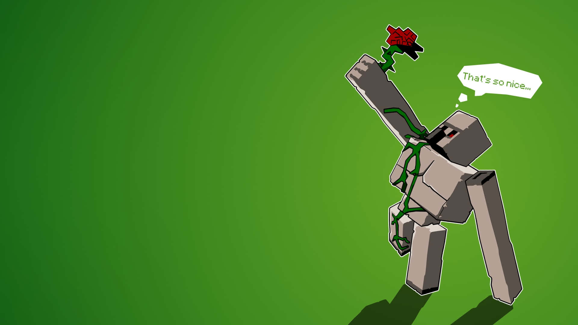 Minecraft Iron Golem 桌布 壁紙 — 一個方塊狀的機械人，帶有藤蔓，手持一朵紅玫瑰，並有一個對話框寫著「真好...」，背景為純綠色。