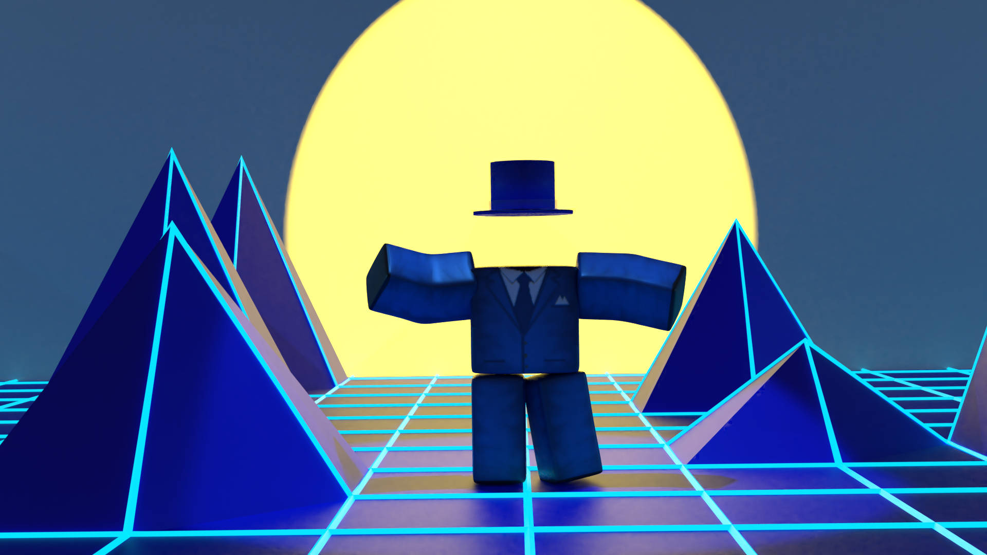 Roblox 桌布 壁紙 — 一個方塊狀的藍色西裝人物戴著高帽，站在發光的網格上，周圍是霓虹藍色的金字塔，上方是巨大的黃色太陽。