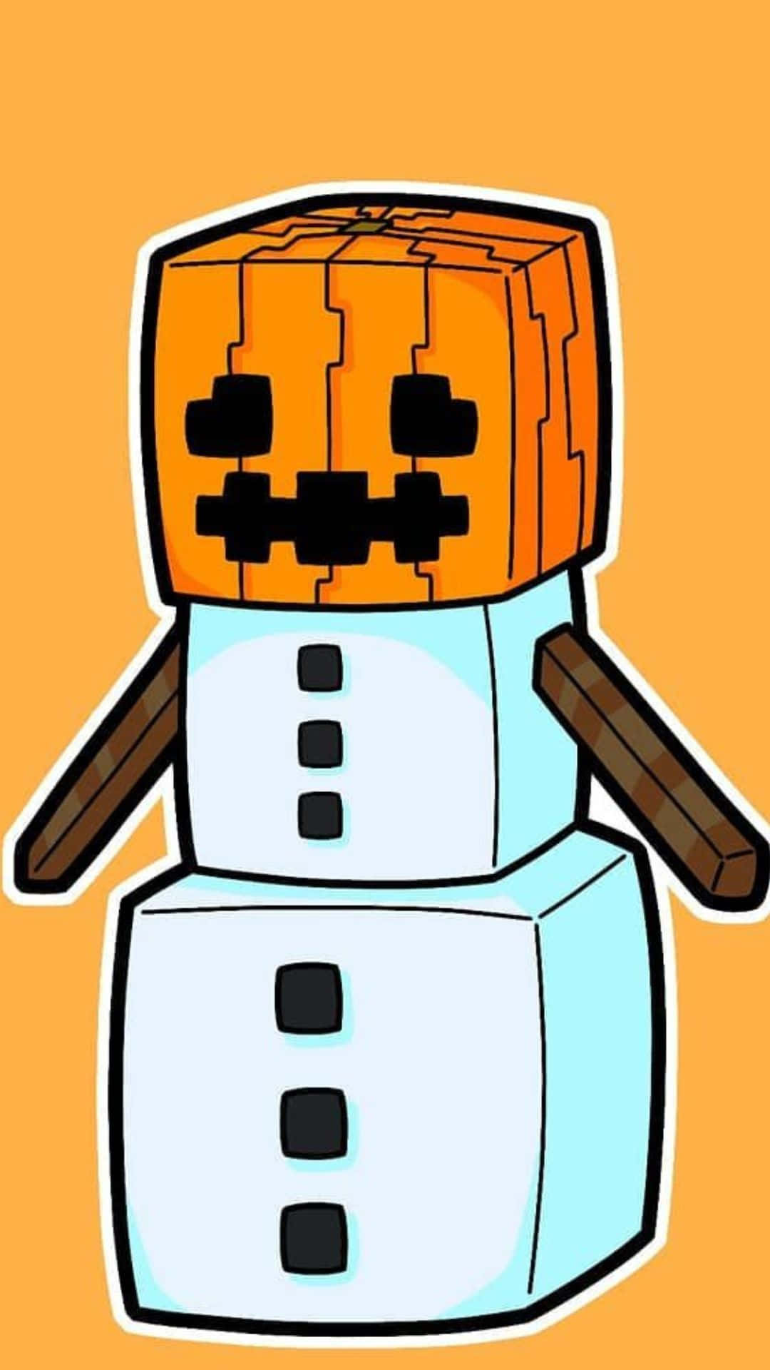 Minecraft Snow Golem 桌布 壁紙 — 一個方塊狀的雪人，頭部是像素化的傑克南瓜燈，站在純橙色背景前。