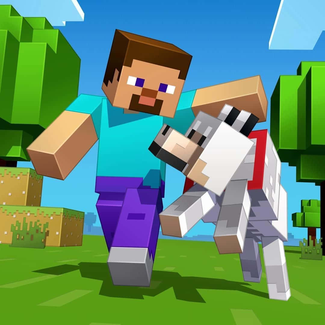 Minecraft Pets 桌布 壁紙 — 一個方塊風格的Minecraft玩家，身穿青色襯衫和紫色褲子，在晴朗藍天下的一片明亮綠色草地上，牽著一匹配有紅色馬鞍的白馬。